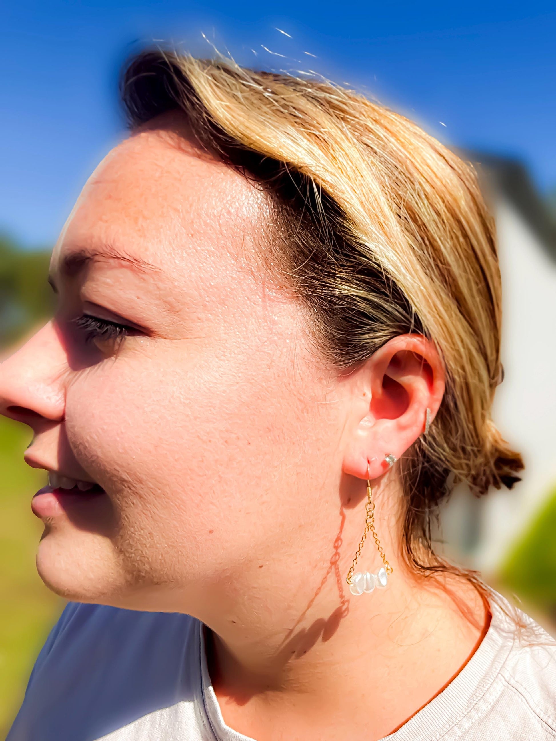 Hand-Beaded Pearl-Like Triangle Chain Earrings – Minimalist Boho Chic
