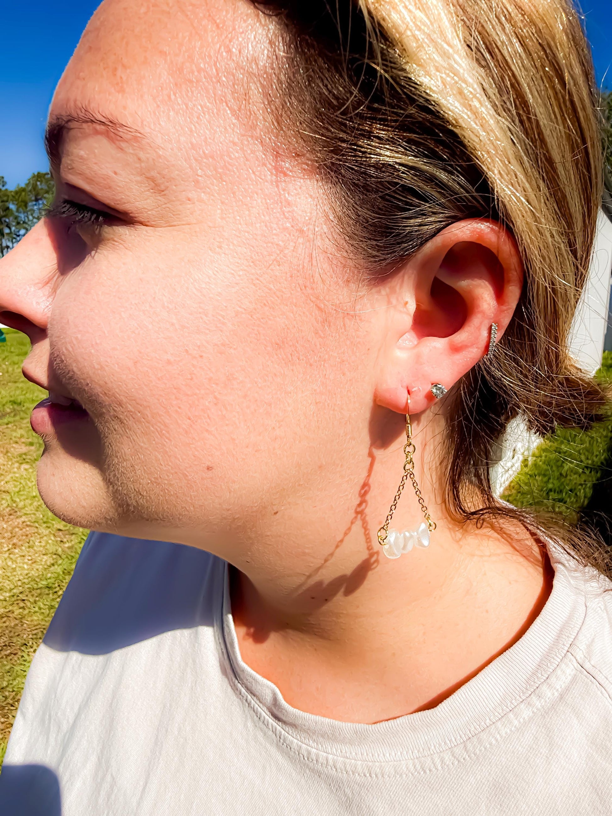 Hand-Beaded Pearl-Like Triangle Chain Earrings – Minimalist Boho Chic