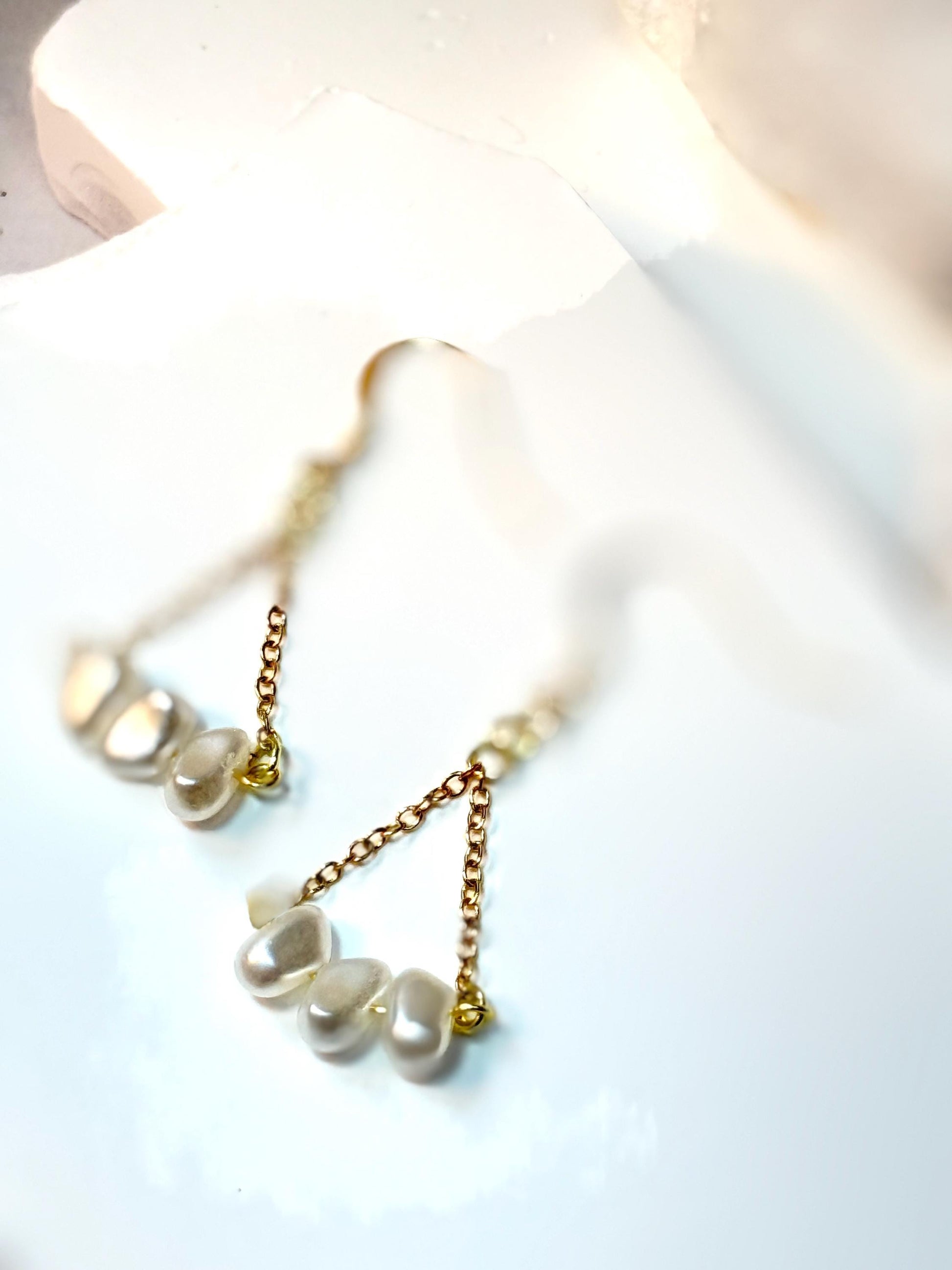 Hand-Beaded Pearl-Like Triangle Chain Earrings – Minimalist Boho Chic