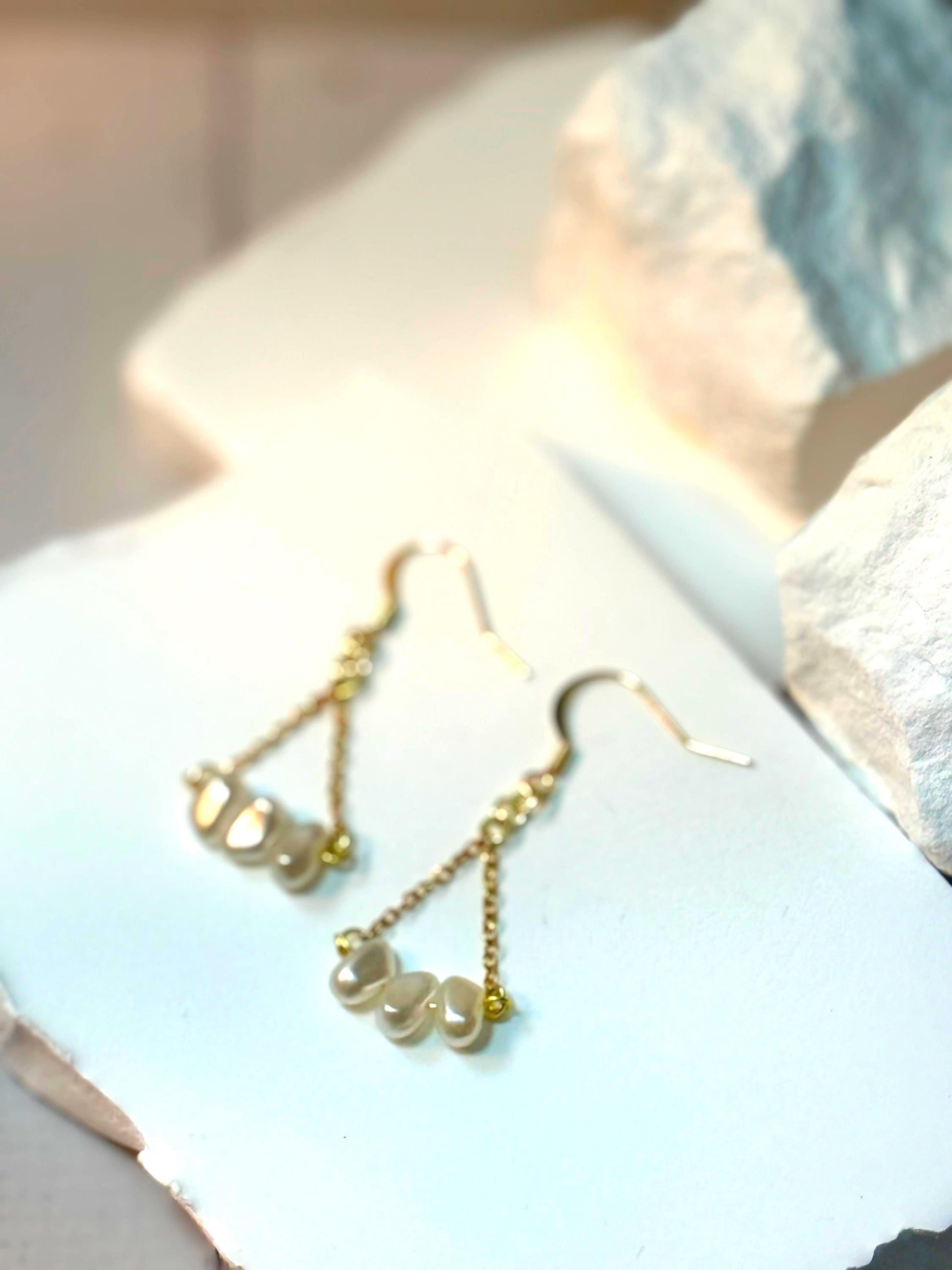 Hand-Beaded Pearl-Like Triangle Chain Earrings – Minimalist Boho Chic