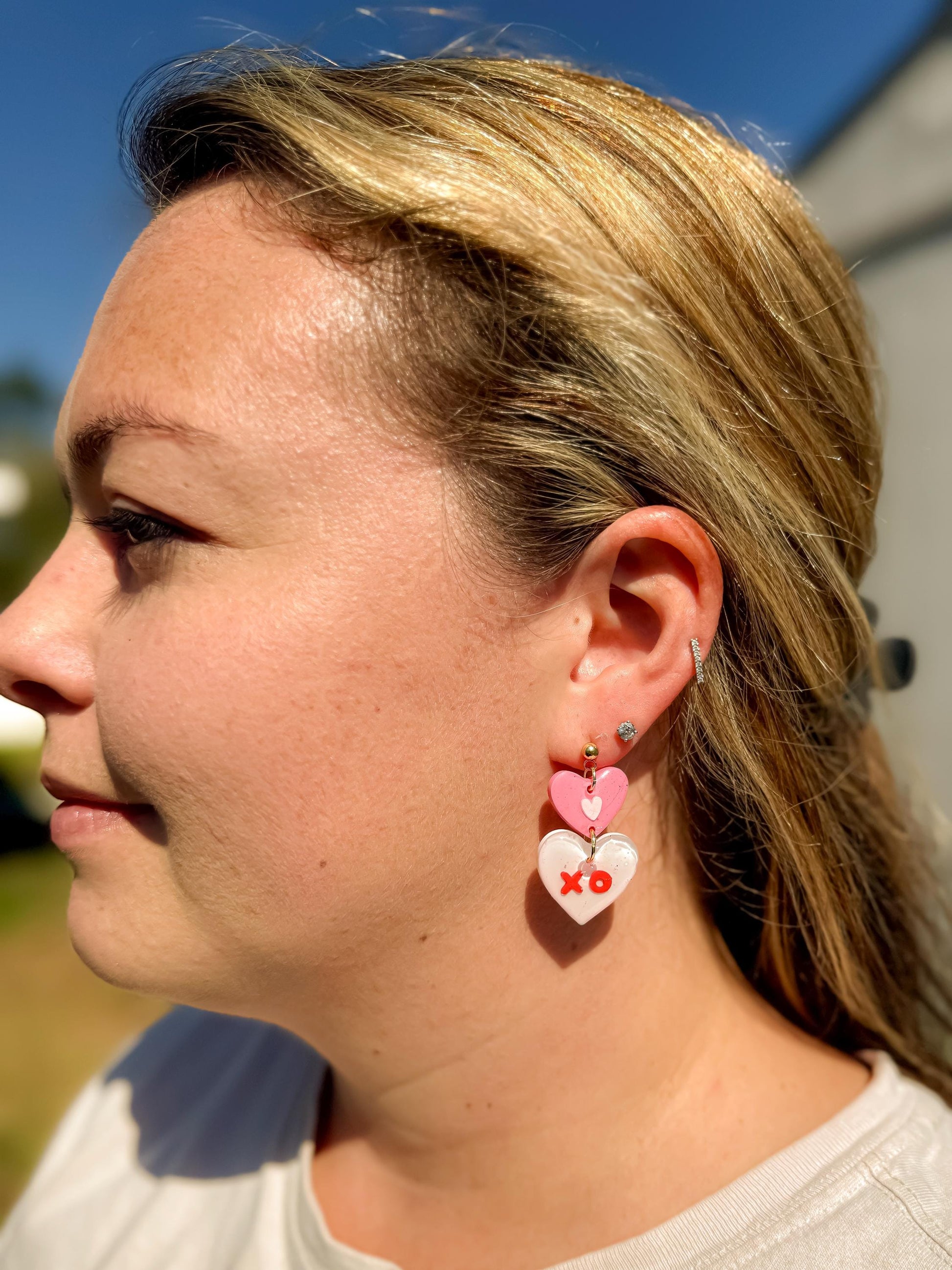 Valentine’s Day XO Heart Earrings – Pink & White Resin with Gold Studs