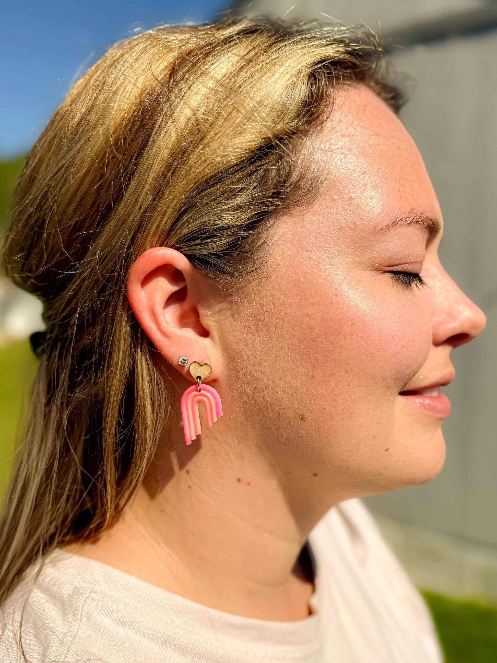 Handmade Boho Rainbow Earrings - Wood Heart Posts with Muted Pink and Orange Resin Rainbows