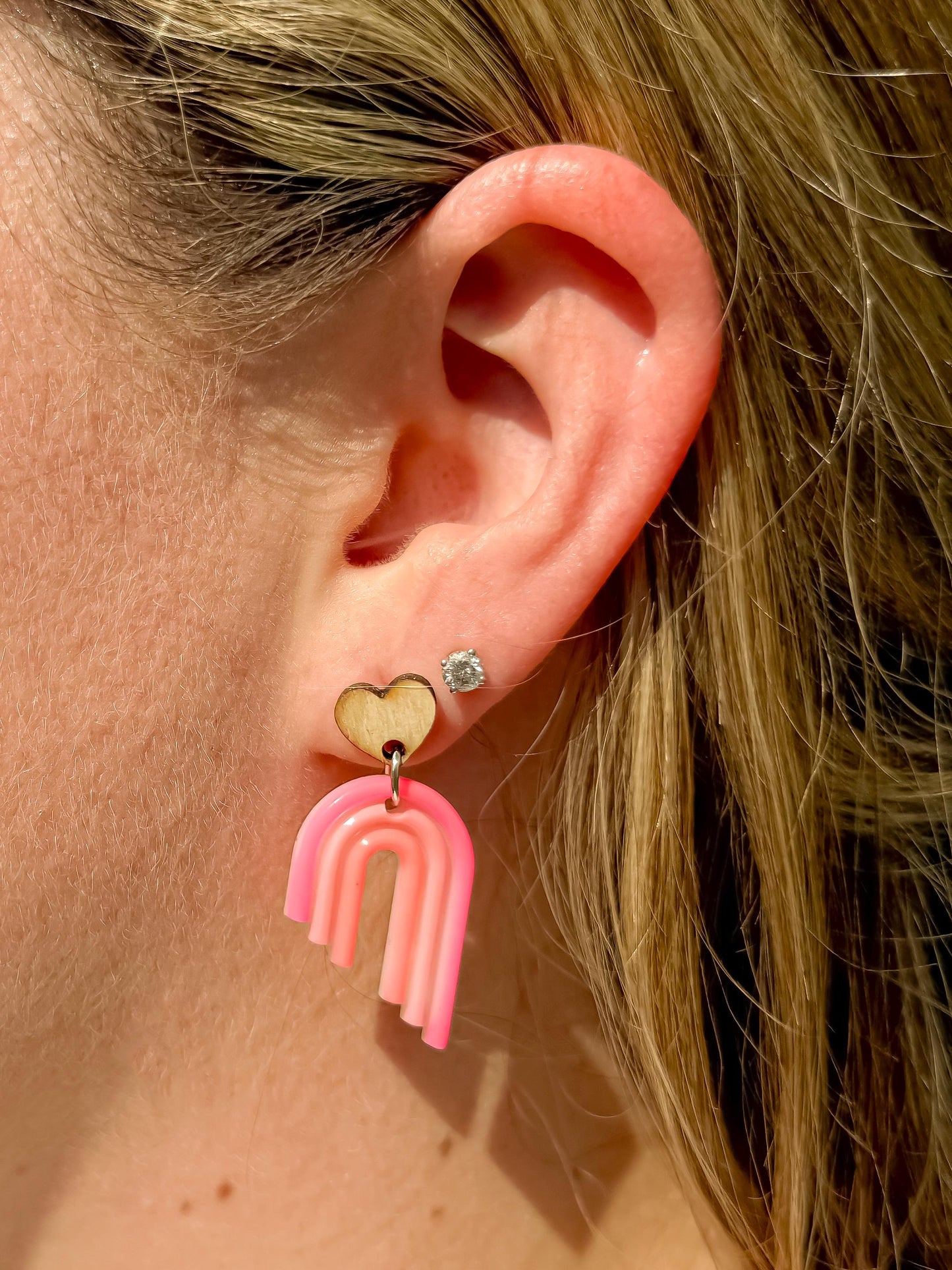 Handmade Boho Rainbow Earrings - Wood Heart Posts with Muted Pink and Orange Resin Rainbows
