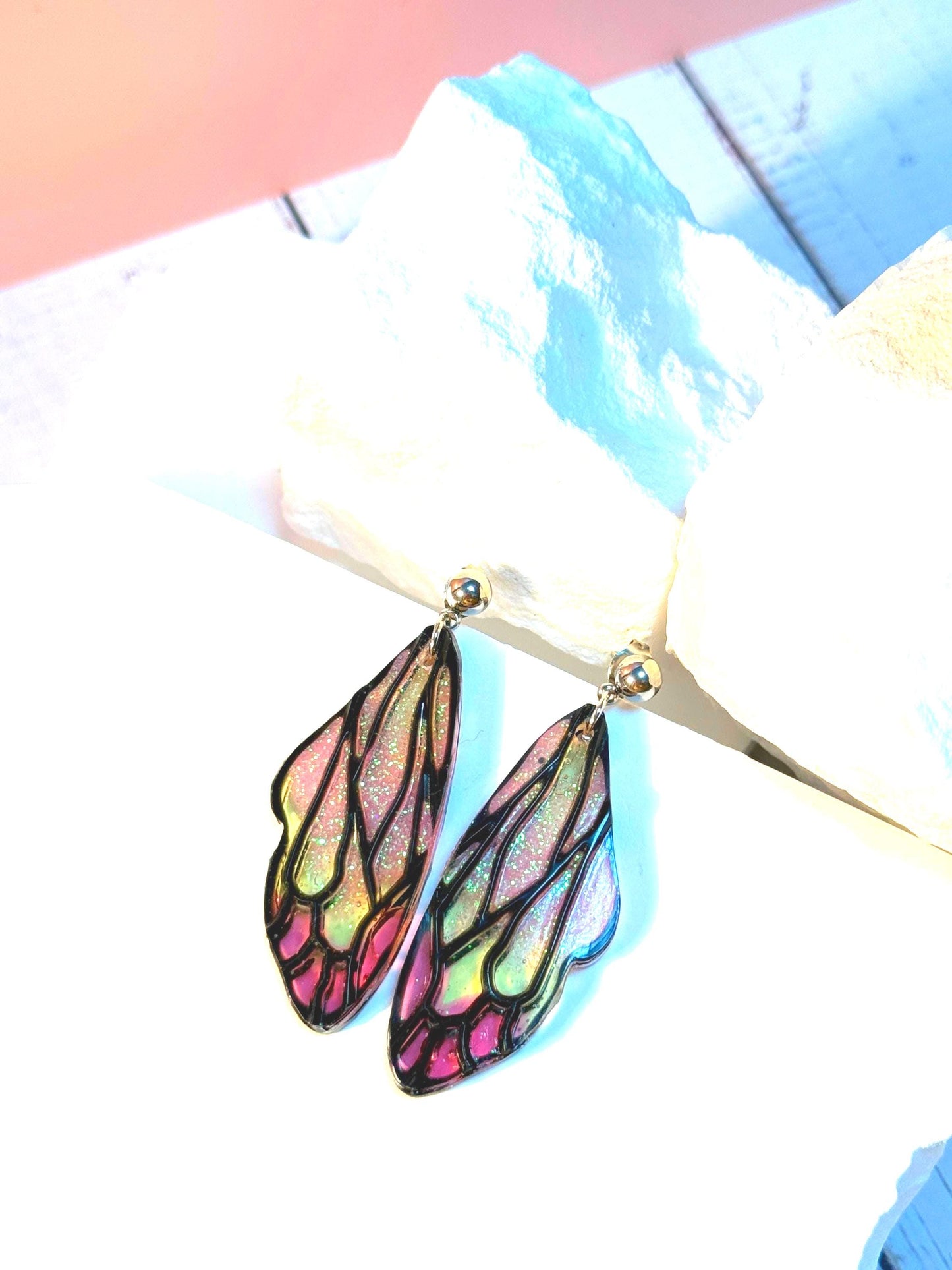 Handmade Resin Butterfly Wing Earrings – Pink & Gold Glitter Accents