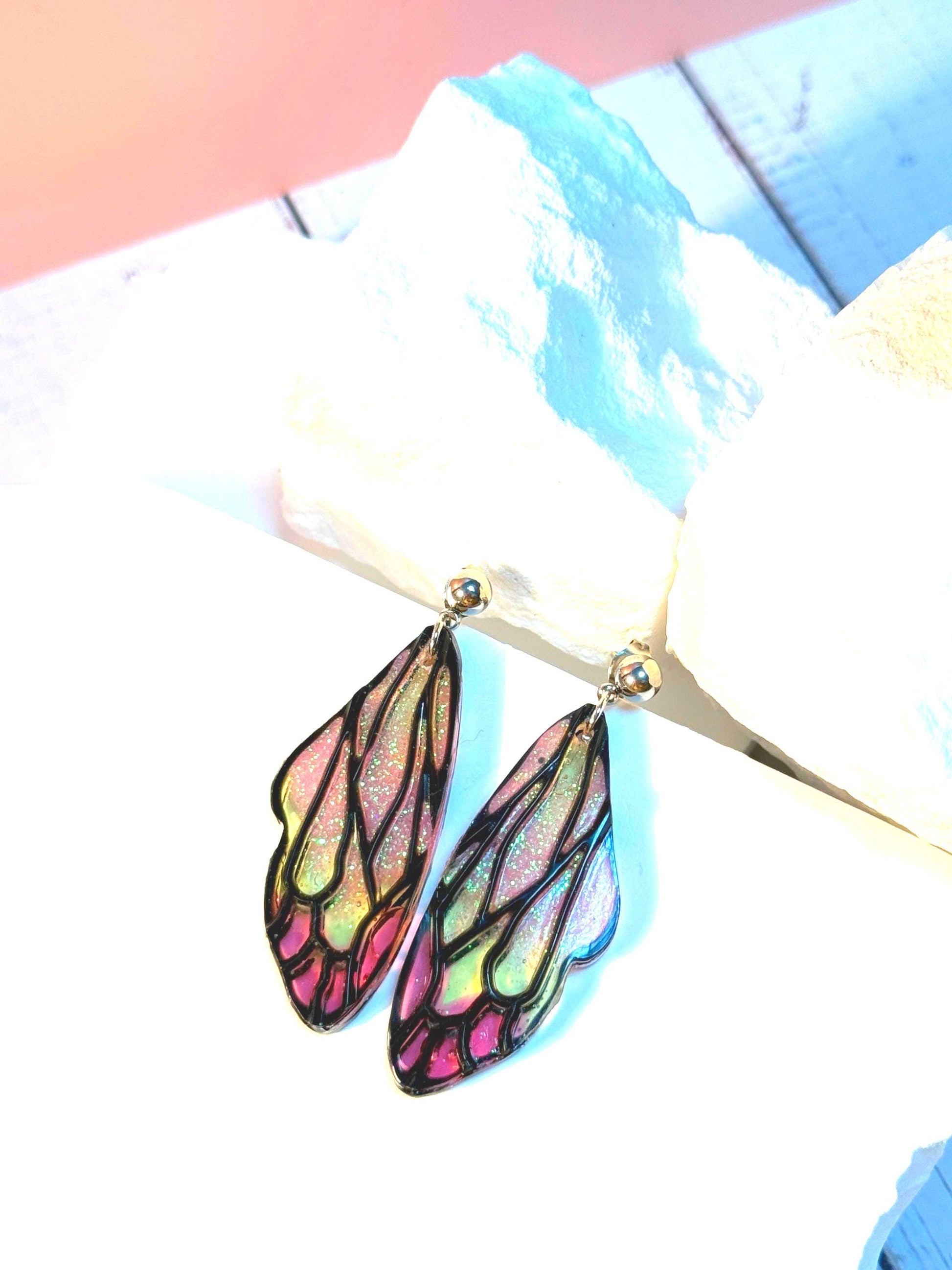 Handmade Resin Butterfly Wing Earrings – Pink & Gold Glitter Accents