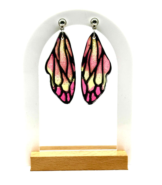 Handmade Resin Butterfly Wing Earrings – Pink & Gold Glitter Accents