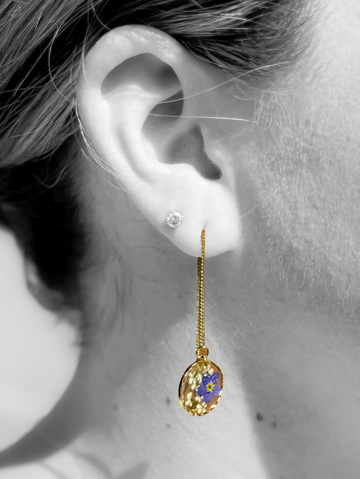 Handmade Resin Threader Earrings: Real Forget-Me-Nots & Queen Anne's Lace