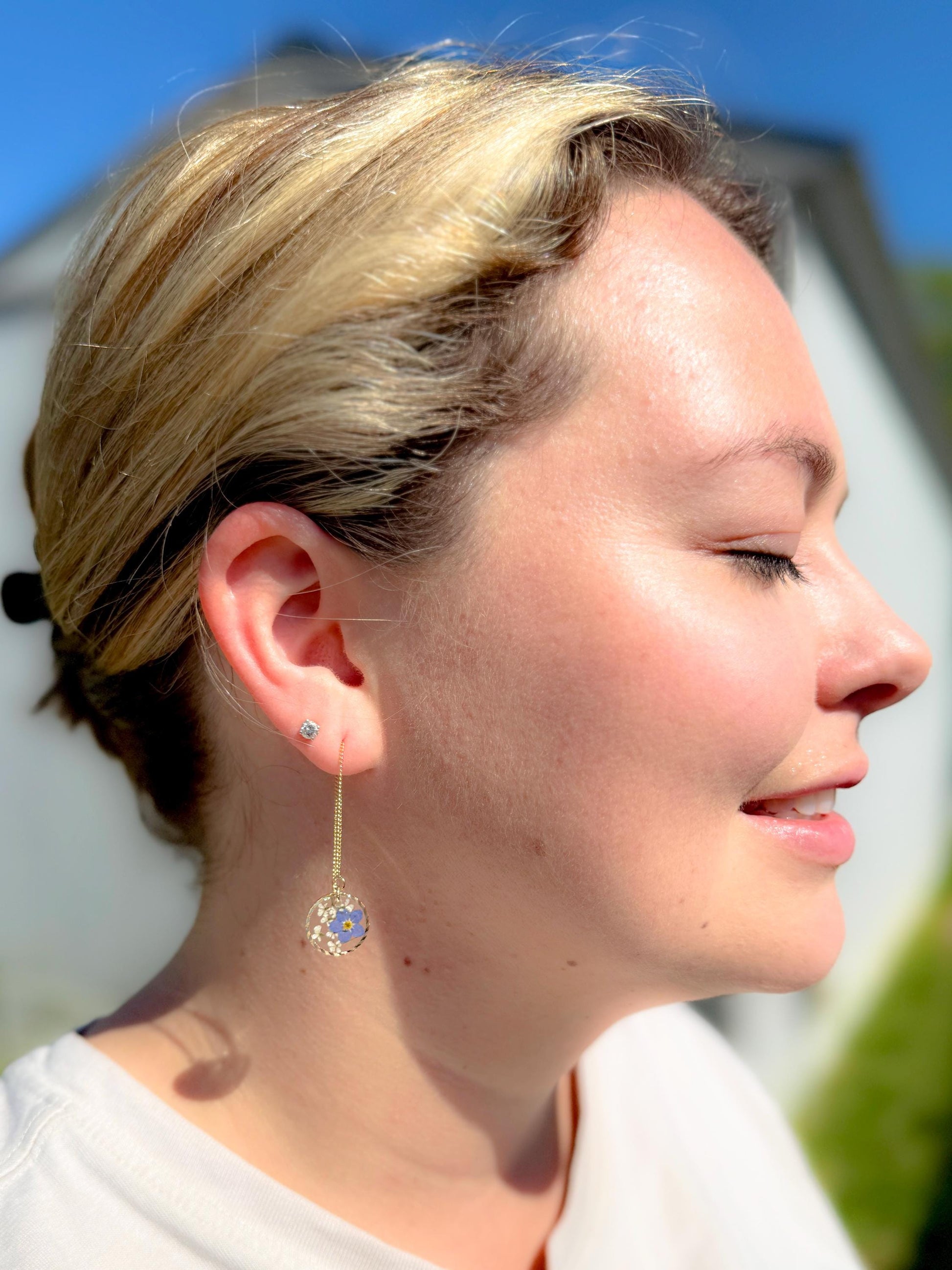 Handmade Resin Threader Earrings: Real Forget-Me-Nots & Queen Anne's Lace