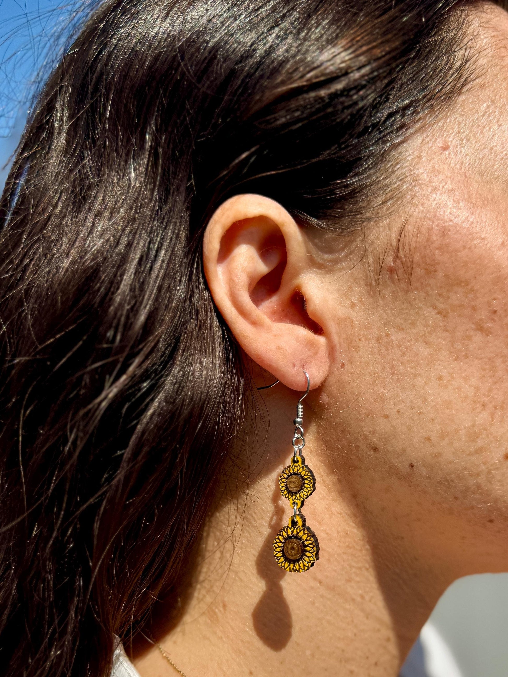 Hand-Painted Woodcut Sunflower Earrings – Layered Engraved Bloom with French Hooks