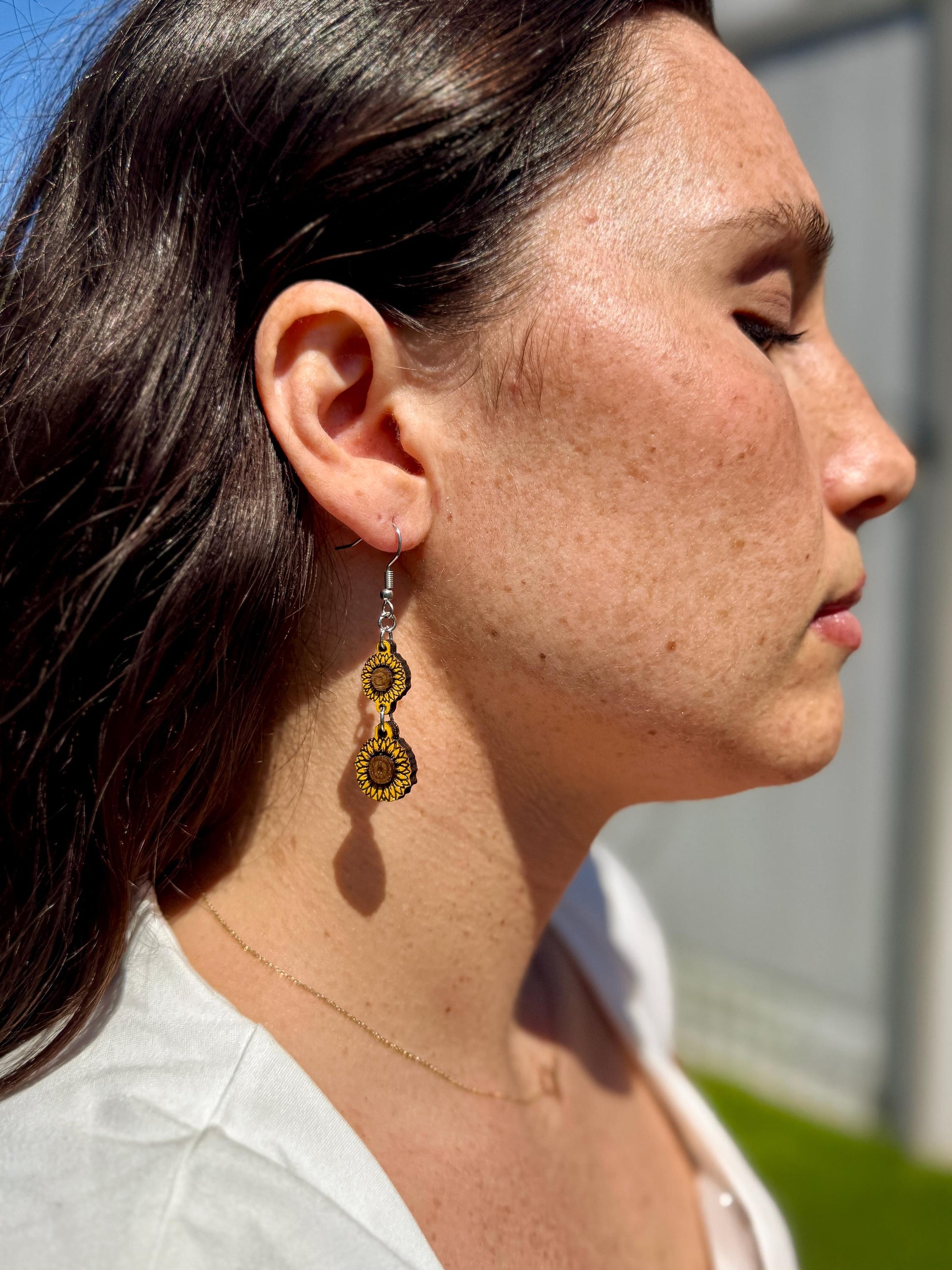 Hand-Painted Woodcut Sunflower Earrings – Layered Engraved Bloom with French Hooks