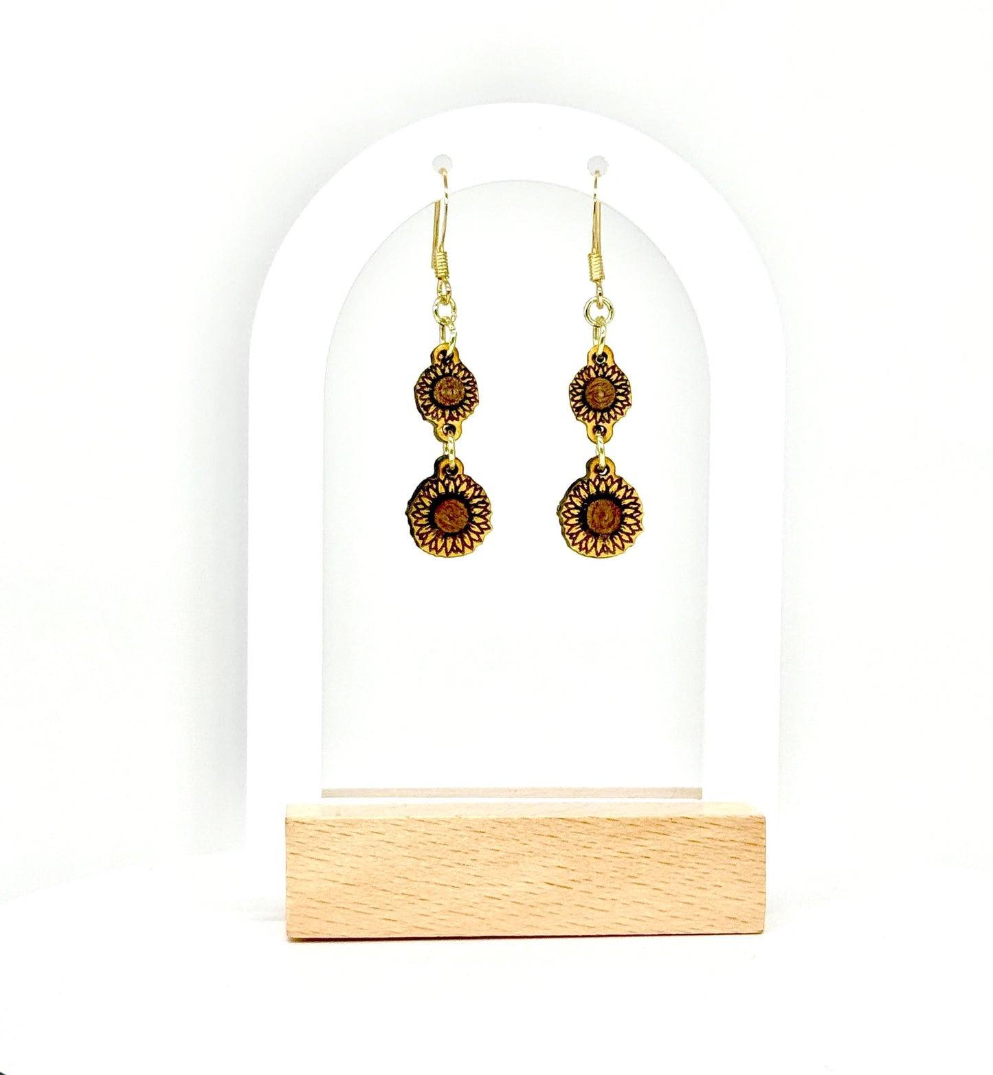 Hand-Painted Woodcut Sunflower Earrings – Layered Engraved Bloom with French Hooks