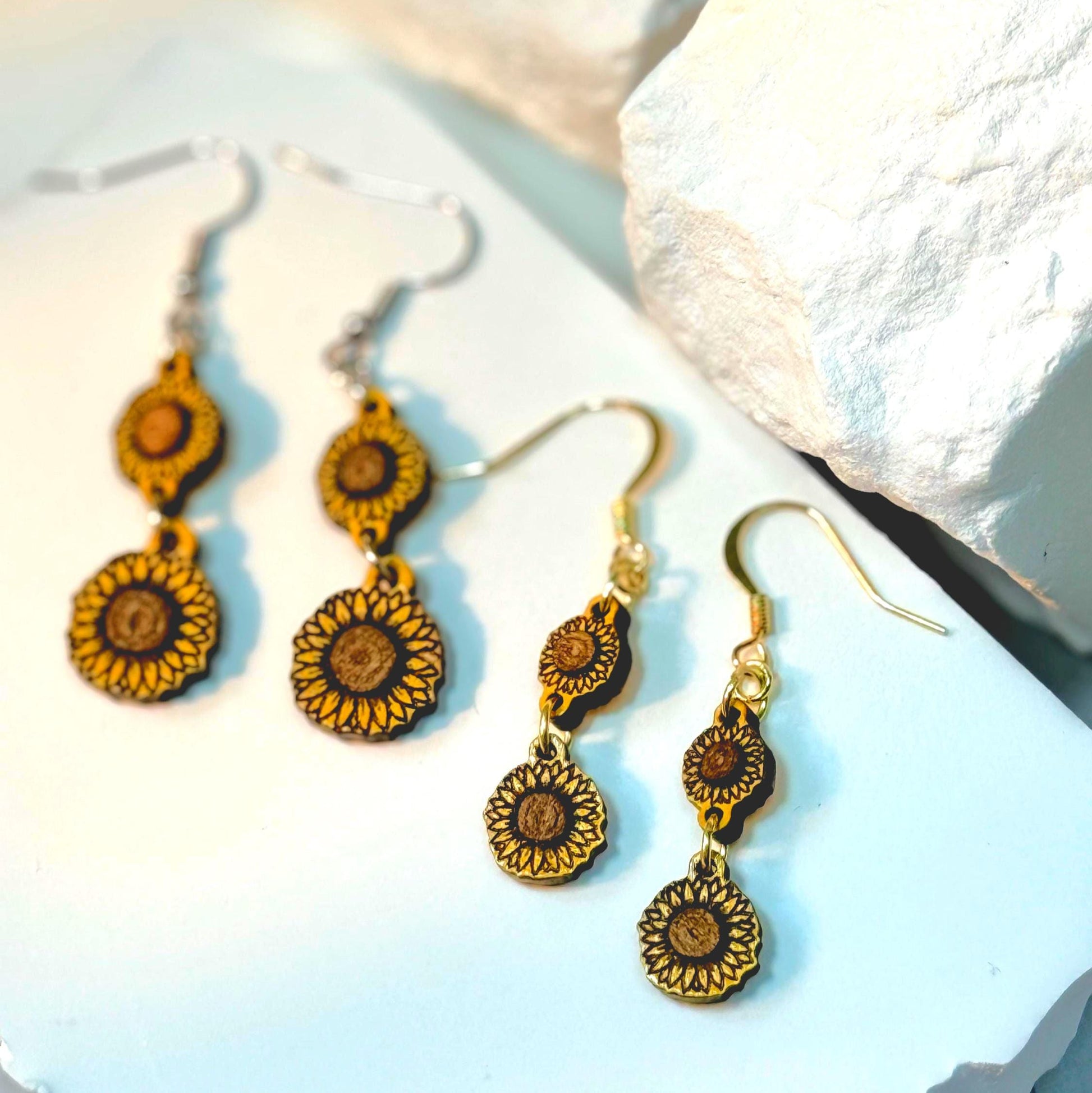 Hand-Painted Woodcut Sunflower Earrings – Layered Engraved Bloom with French Hooks