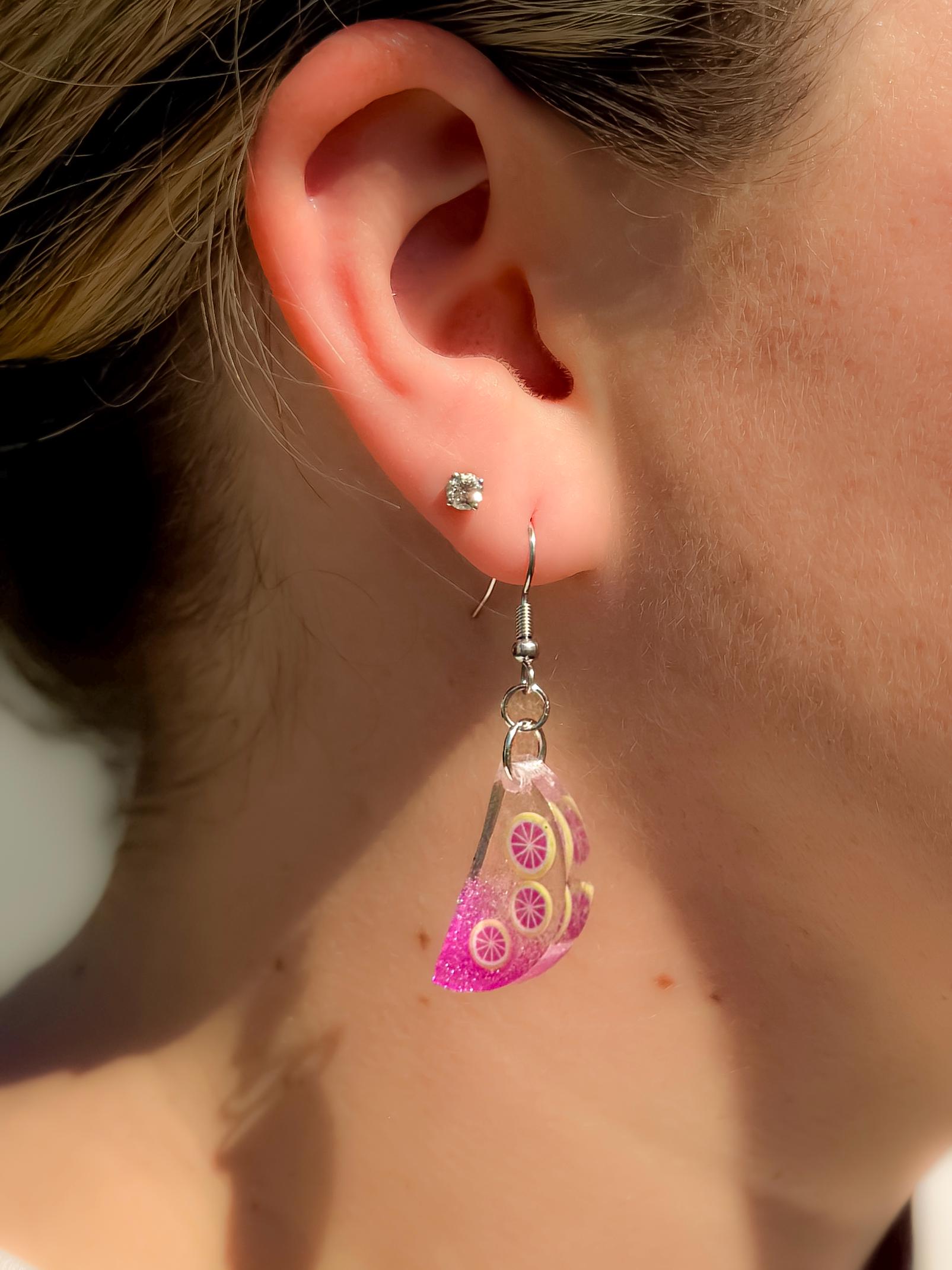 Handcrafted Pink Citrus Resin Earrings – Glittery Fruit Slice Dangles