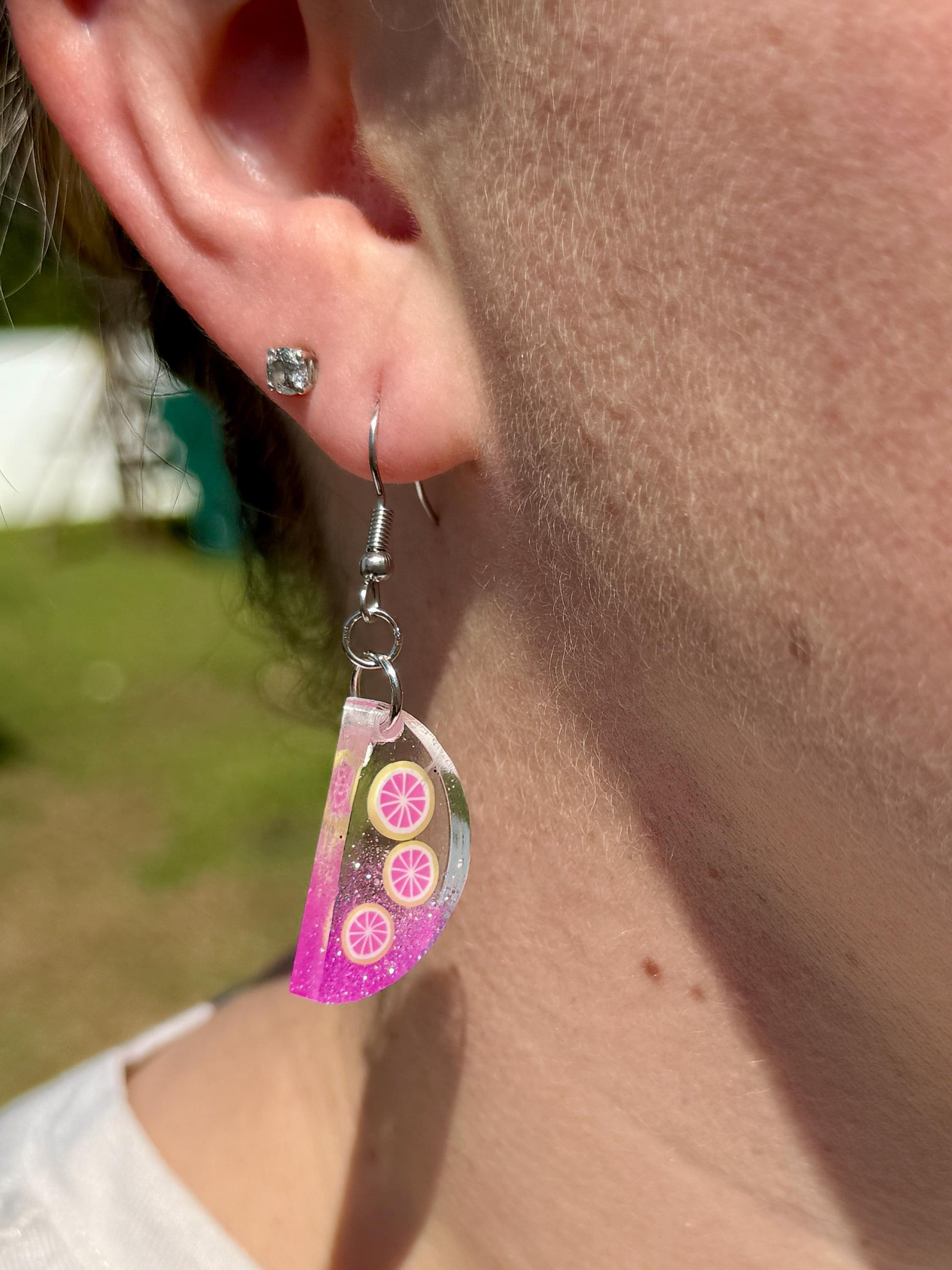 Handcrafted Pink Citrus Resin Earrings – Glittery Fruit Slice Dangles