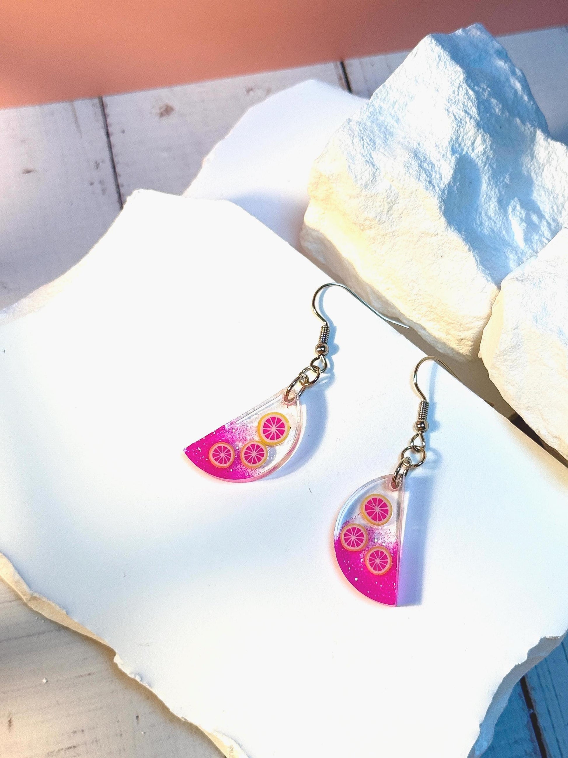 Handcrafted Pink Citrus Resin Earrings – Glittery Fruit Slice Dangles