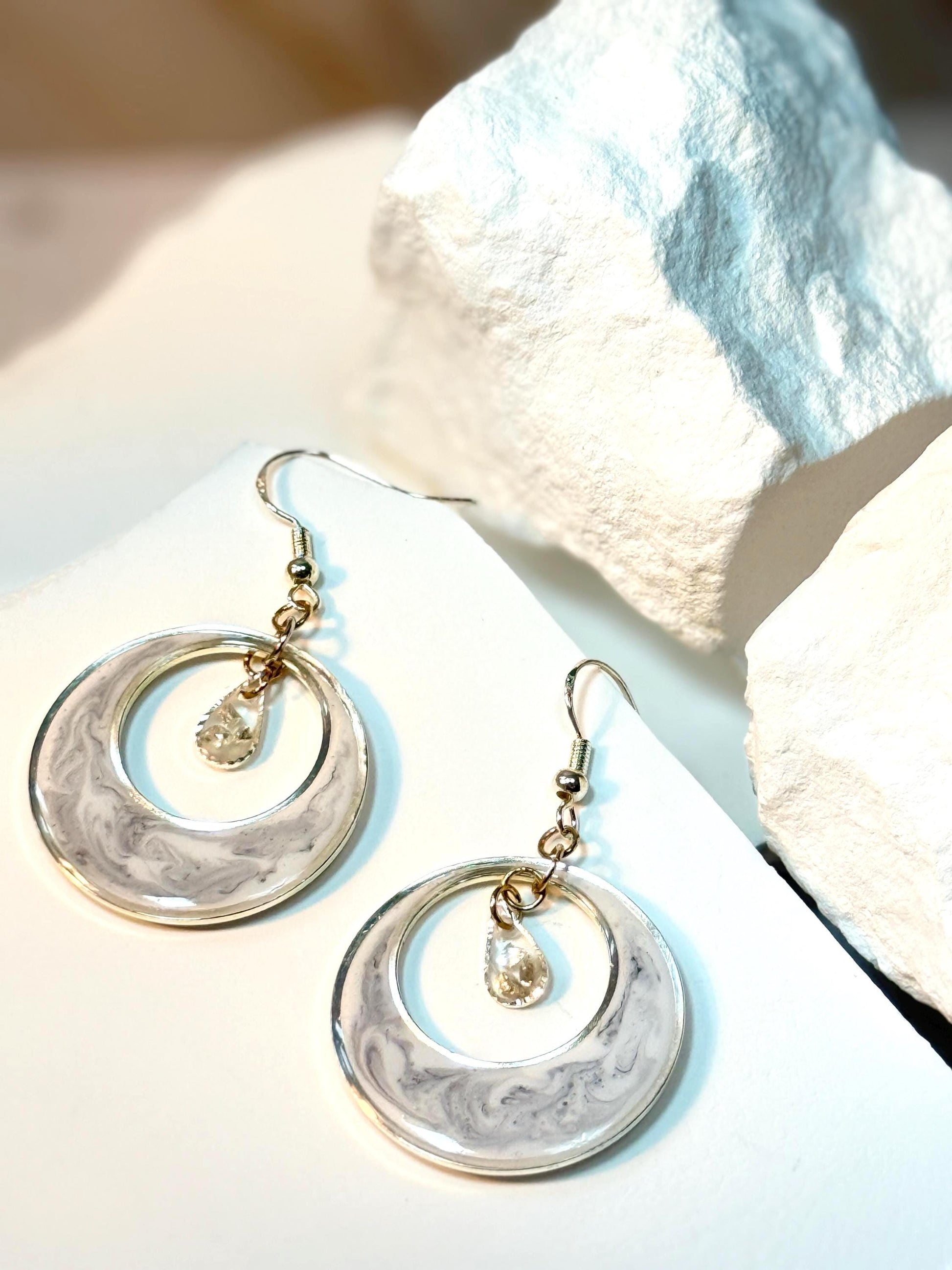 Handmade Swirl Resin Hoop Earrings – Translucent Marble Design with Silver Accents