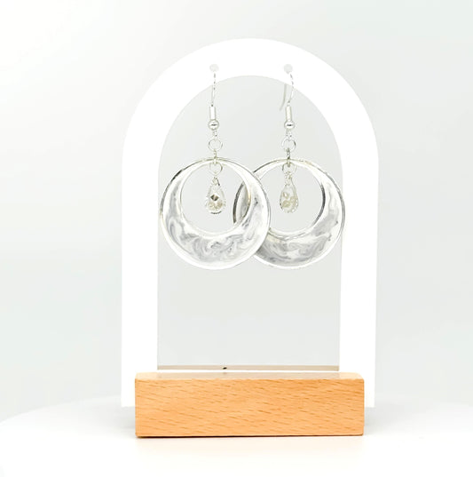 Handmade Swirl Resin Hoop Earrings – Translucent Marble Design with Silver Accents