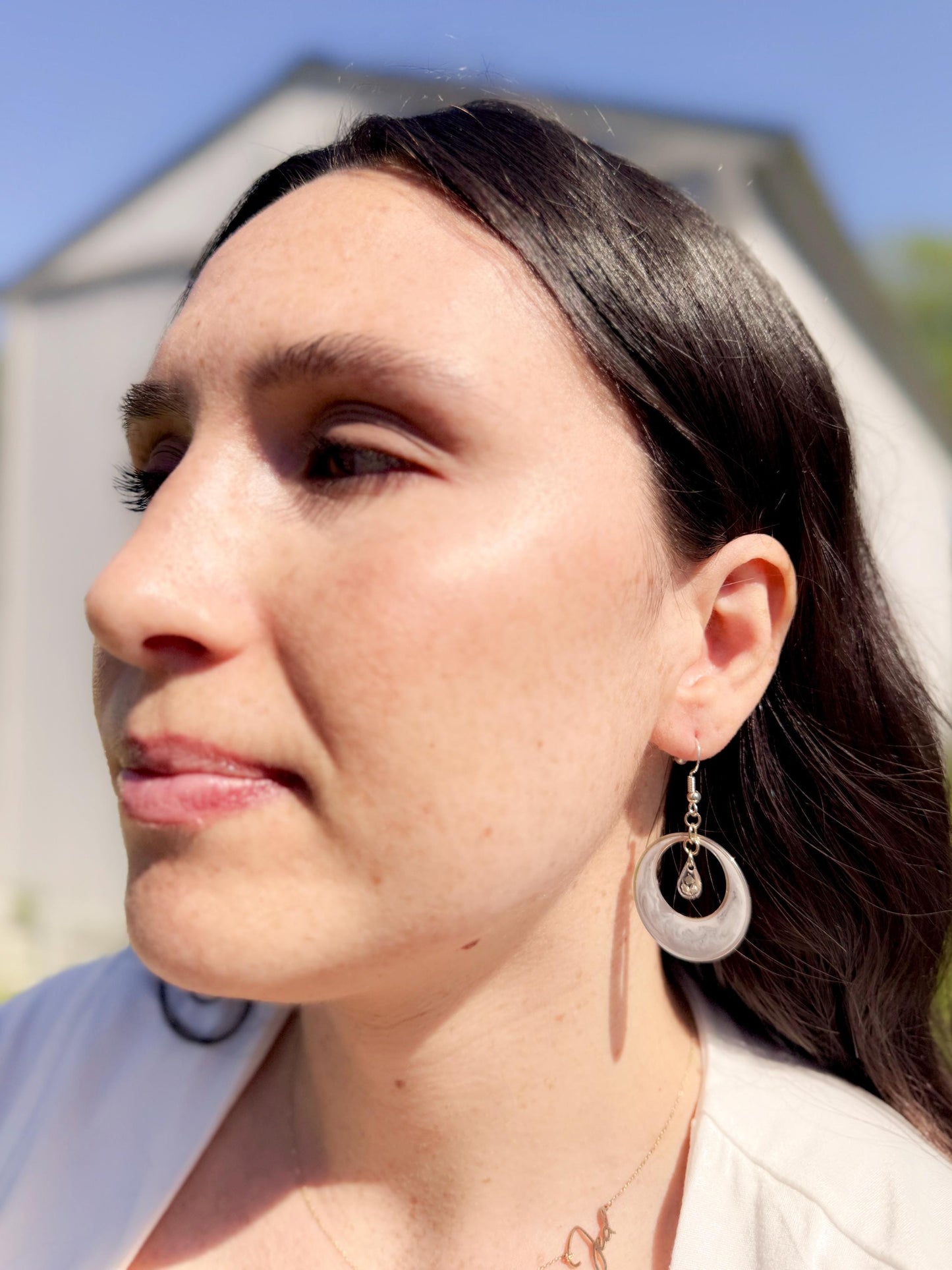 Handmade Swirl Resin Hoop Earrings – Translucent Marble Design with Silver Accents