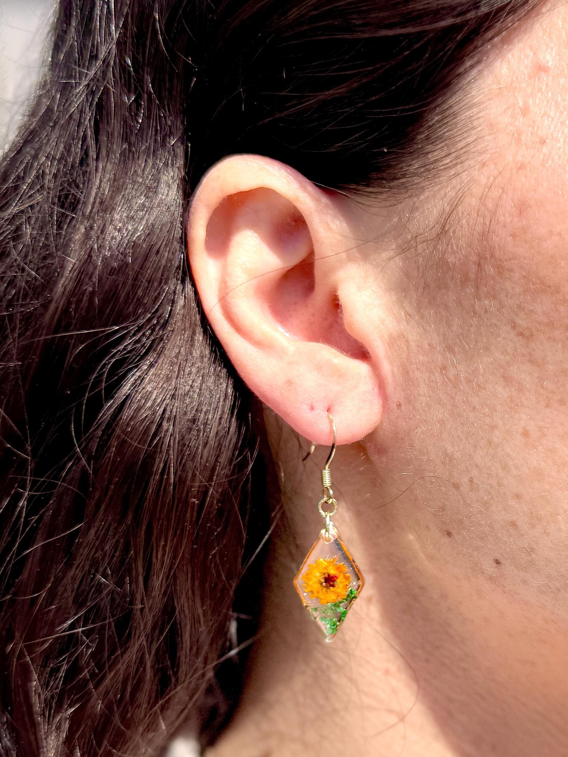 Dual Tone Floral Resin Earrings: Orange & Yellow Flower French Hooks