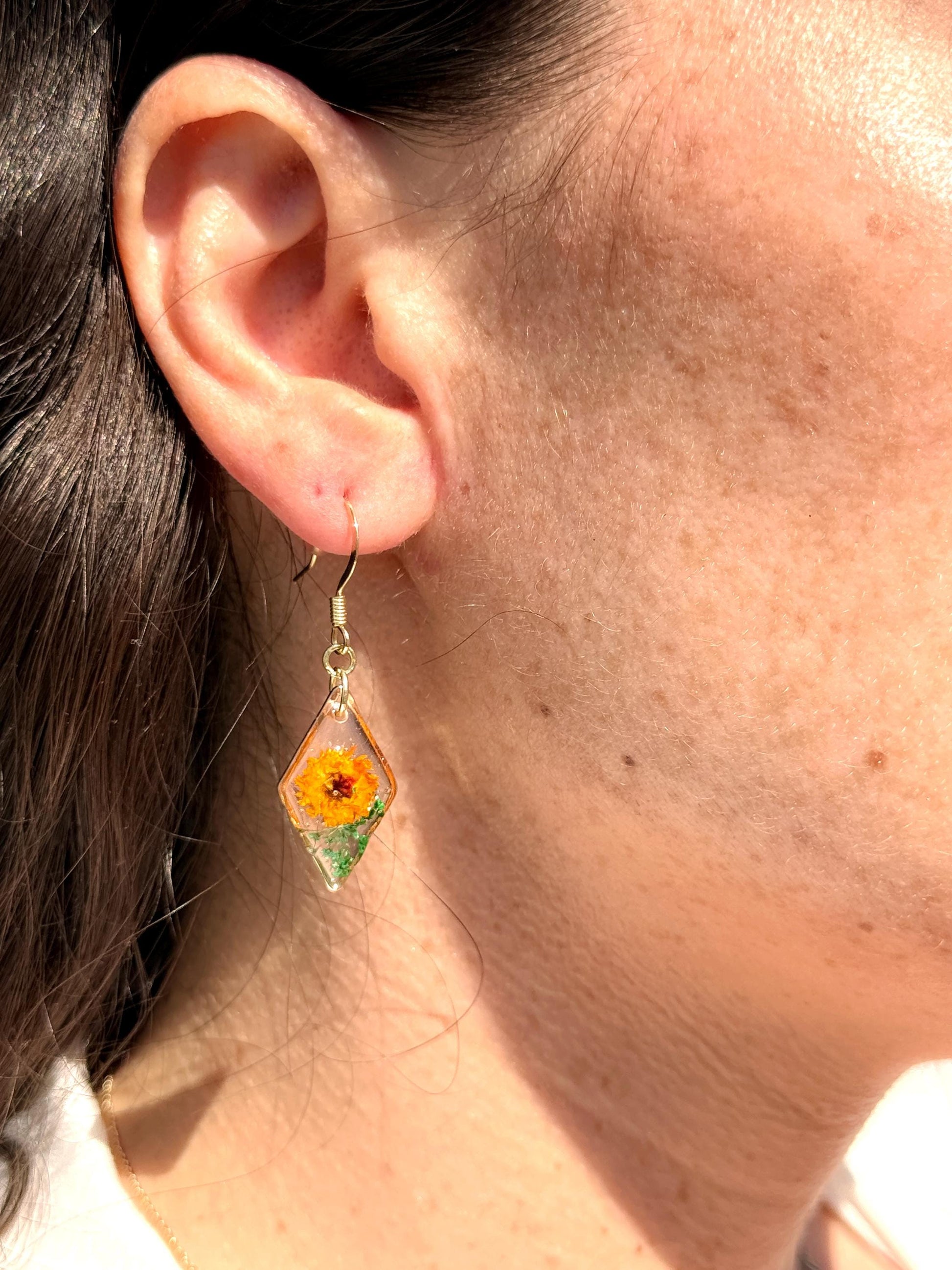 Dual Tone Floral Resin Earrings: Orange & Yellow Flower French Hooks