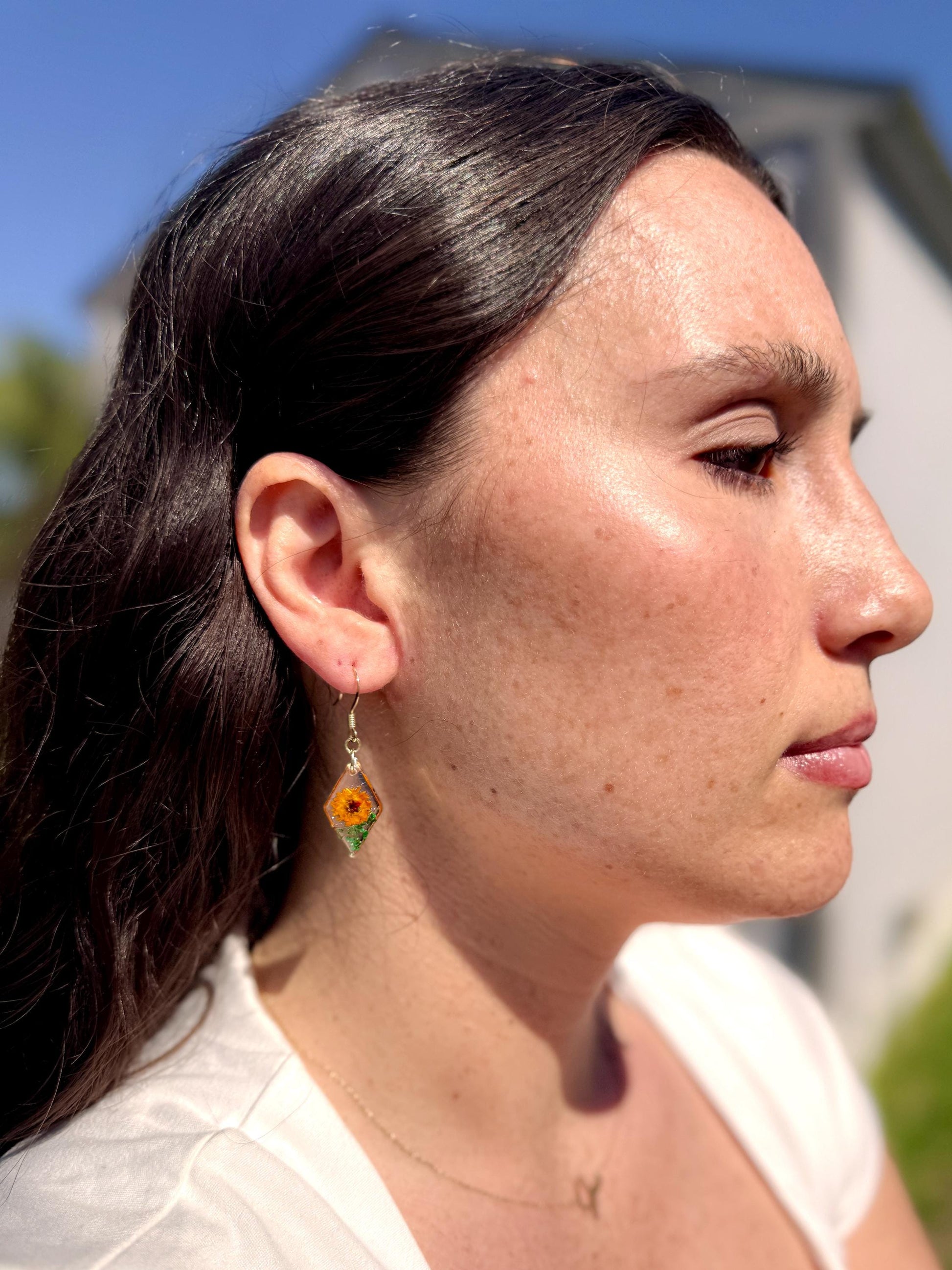 Dual Tone Floral Resin Earrings: Orange & Yellow Flower French Hooks