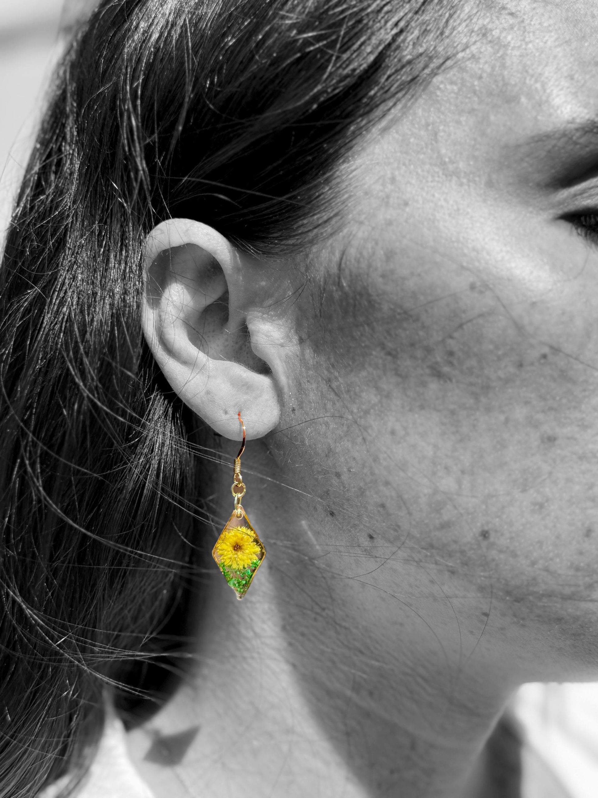 Dual Tone Floral Resin Earrings: Orange & Yellow Flower French Hooks