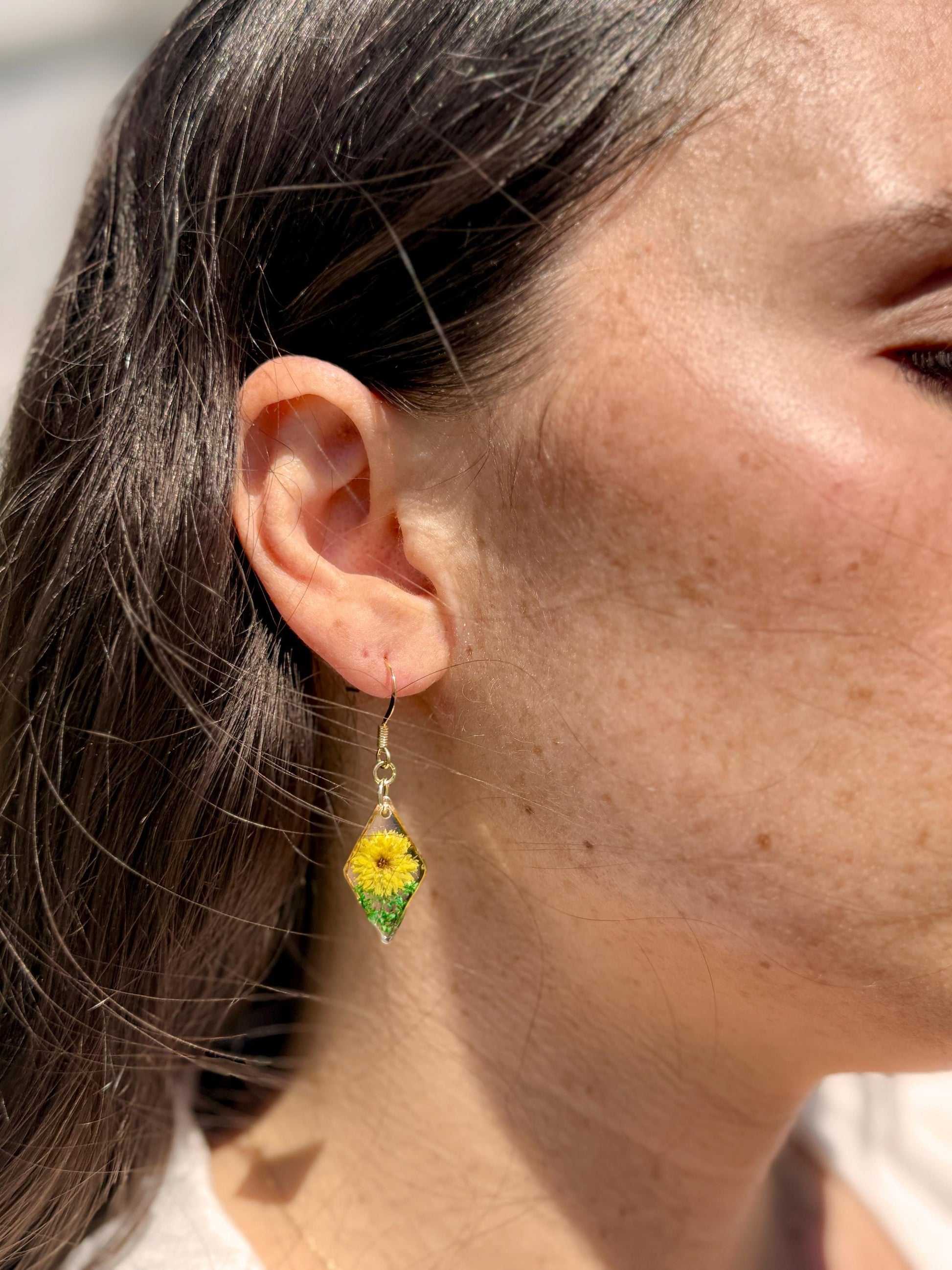 Dual Tone Floral Resin Earrings: Orange & Yellow Flower French Hooks