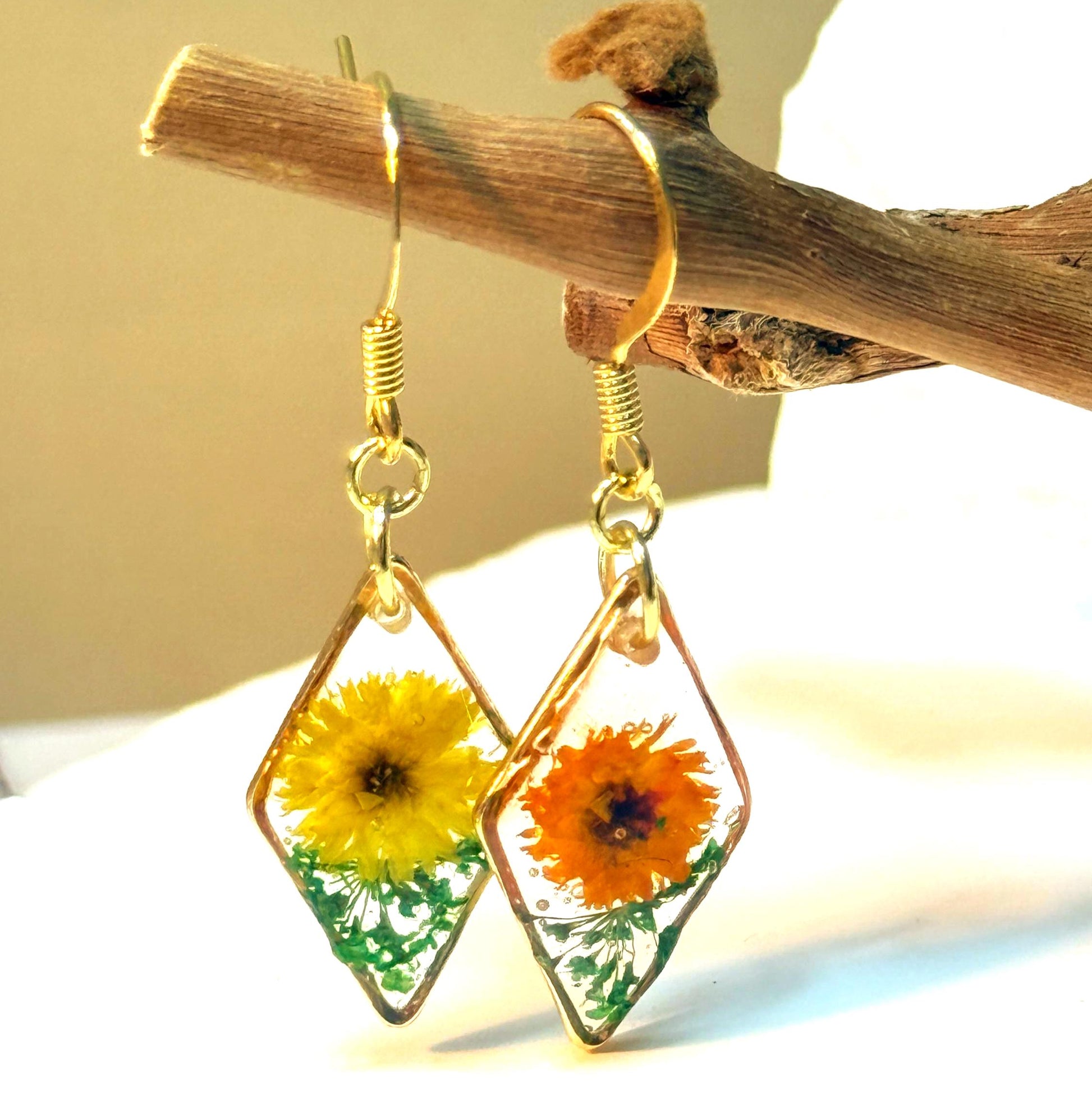 Dual Tone Floral Resin Earrings: Orange & Yellow Flower French Hooks