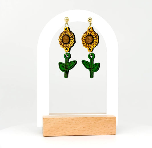 Sunflower Earrings – Hand-Painted Woodcut, Engraved, Yellow & Green, Country Southern Flower