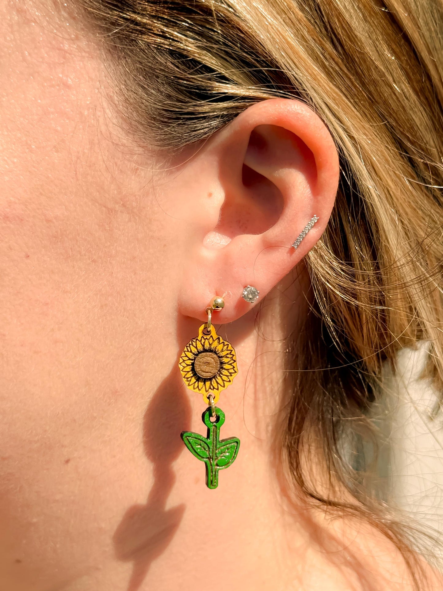 Sunflower Earrings – Hand-Painted Woodcut, Engraved, Yellow & Green, Country Southern Flower