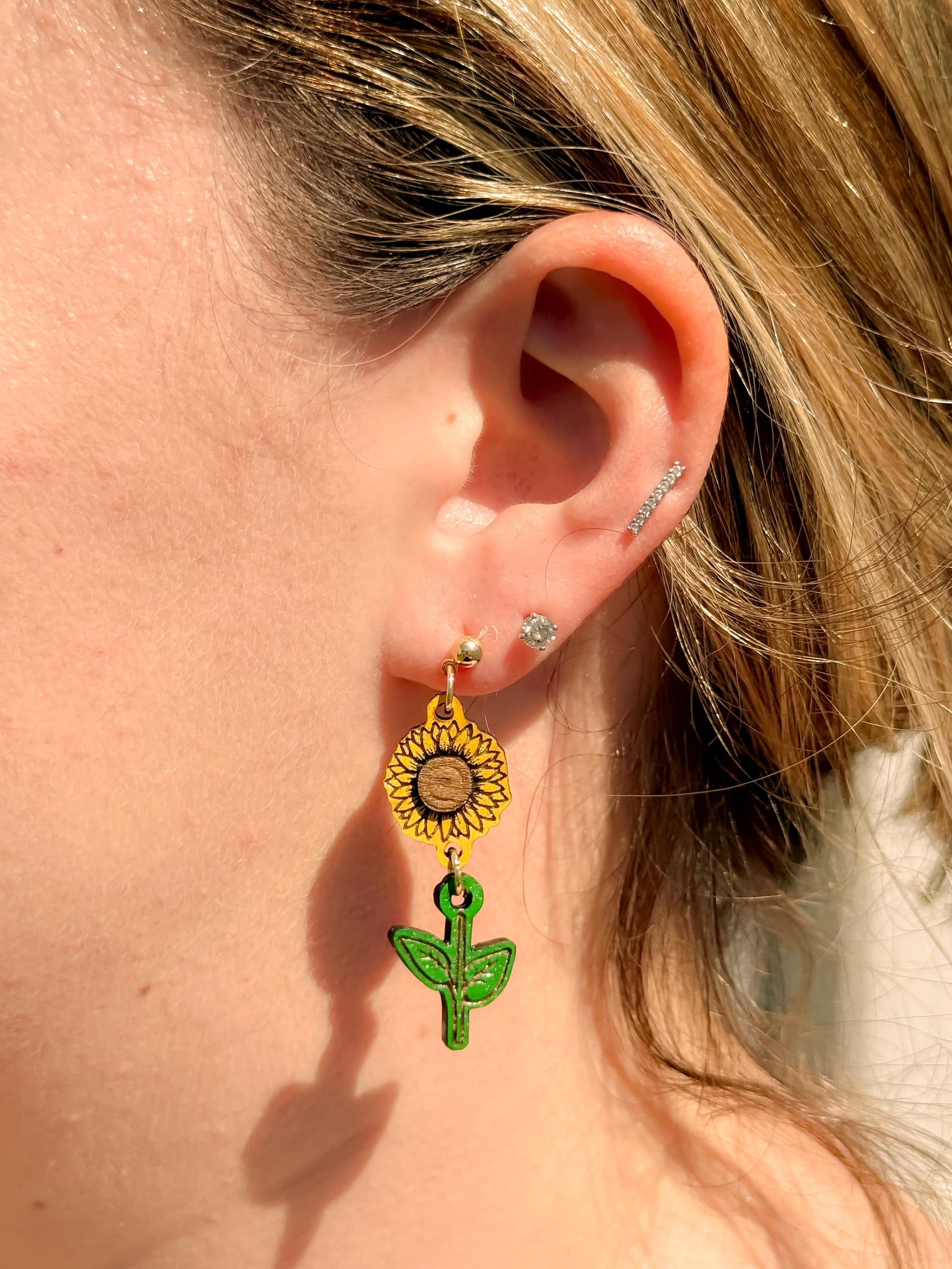 Sunflower Earrings – Hand-Painted Woodcut, Engraved, Yellow & Green, Country Southern Flower