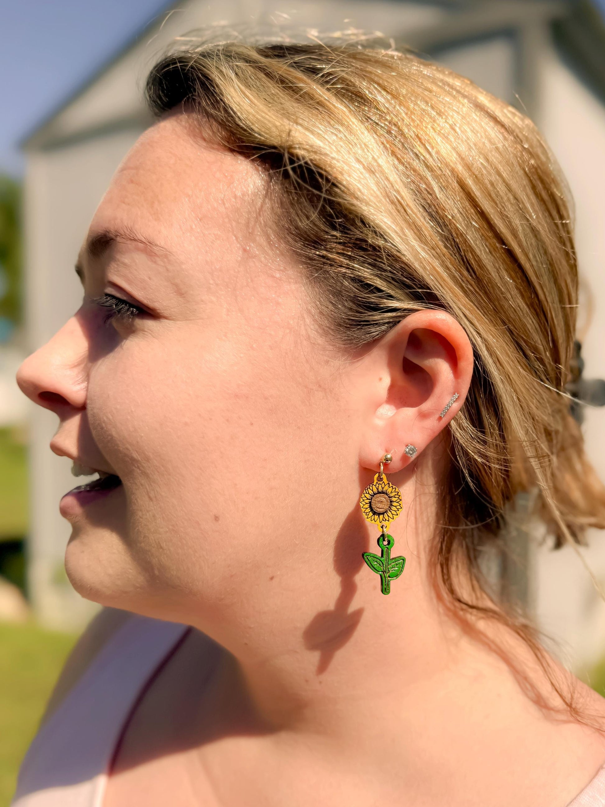 Sunflower Earrings – Hand-Painted Woodcut, Engraved, Yellow & Green, Country Southern Flower