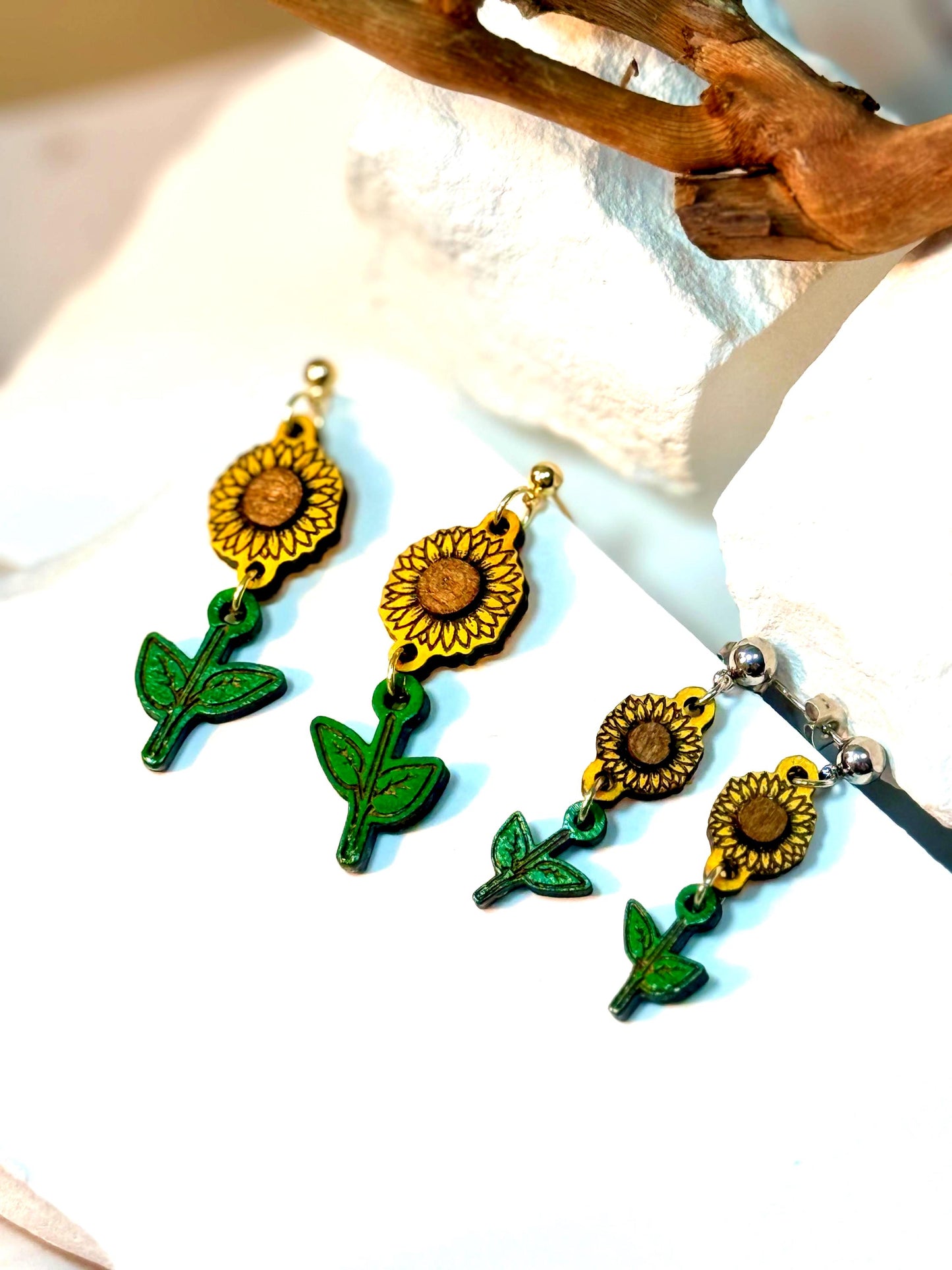 Sunflower Earrings – Hand-Painted Woodcut, Engraved, Yellow & Green, Country Southern Flower