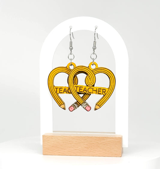 Customizable Teacher Pencil Heart Earrings – Woodcut & Engraved Design