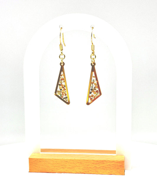 Handmade Gold Triangle Resin Earrings – Modern Design with Metallic Pebbles