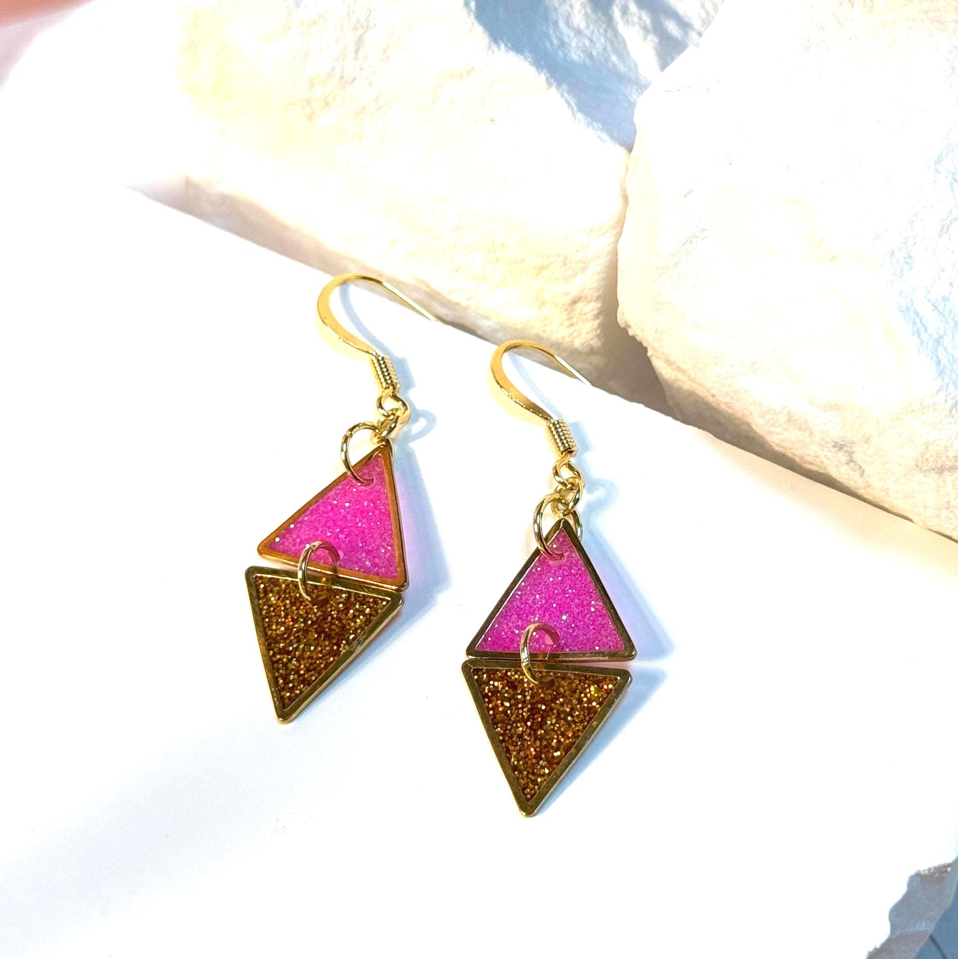 Handcrafted Resin Triangle Earrings – Pink & Gold Glitter, Modern Geometric Design