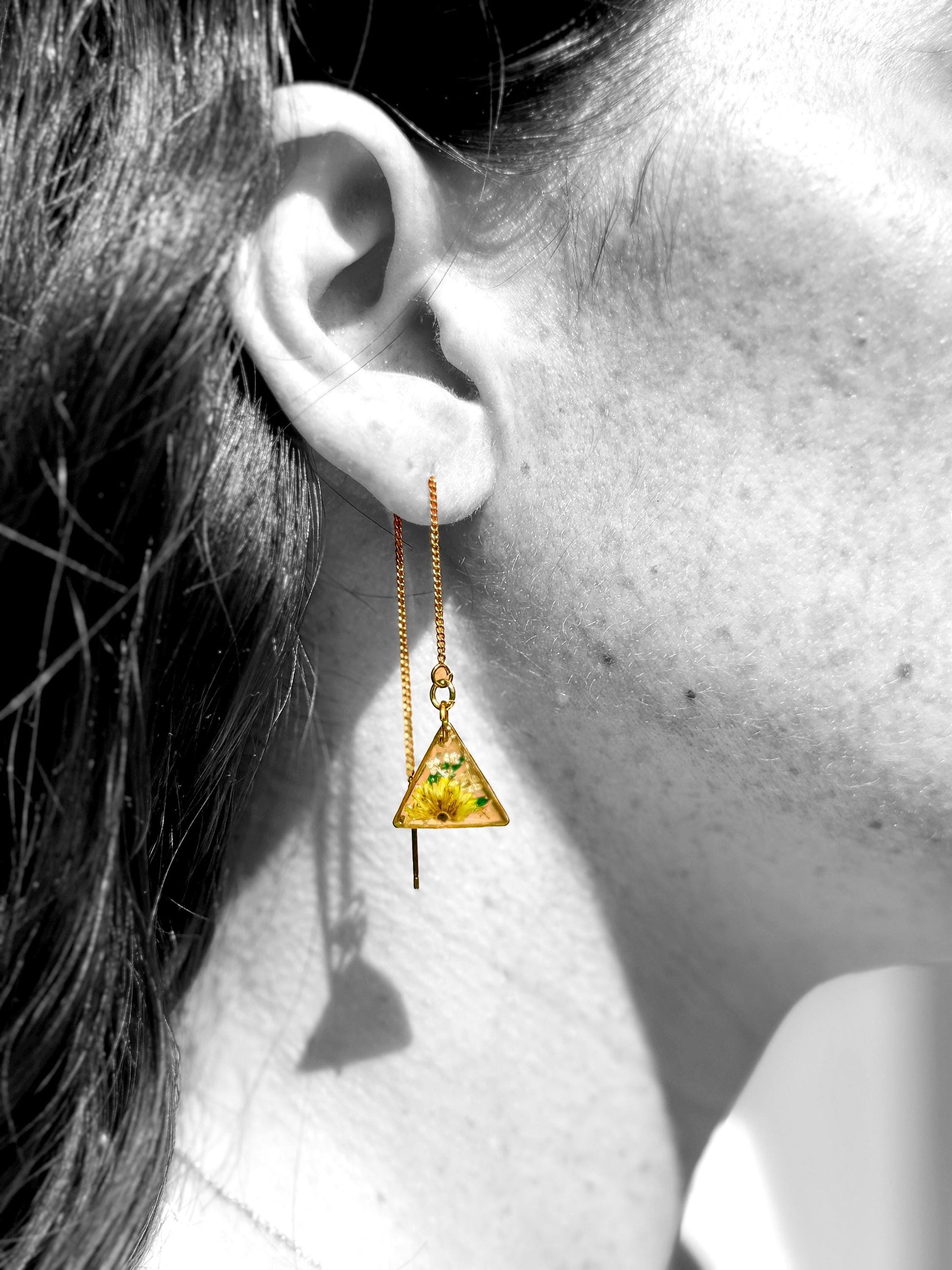 Clear Resin Earrings – Yellow Flowers, White & Green Accents, Gold Triangle