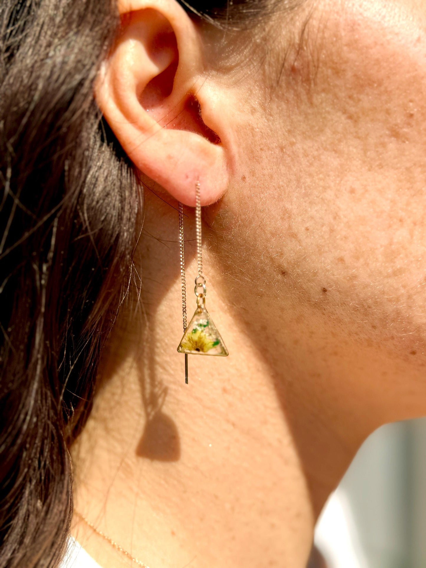 Clear Resin Earrings – Yellow Flowers, White & Green Accents, Gold Triangle