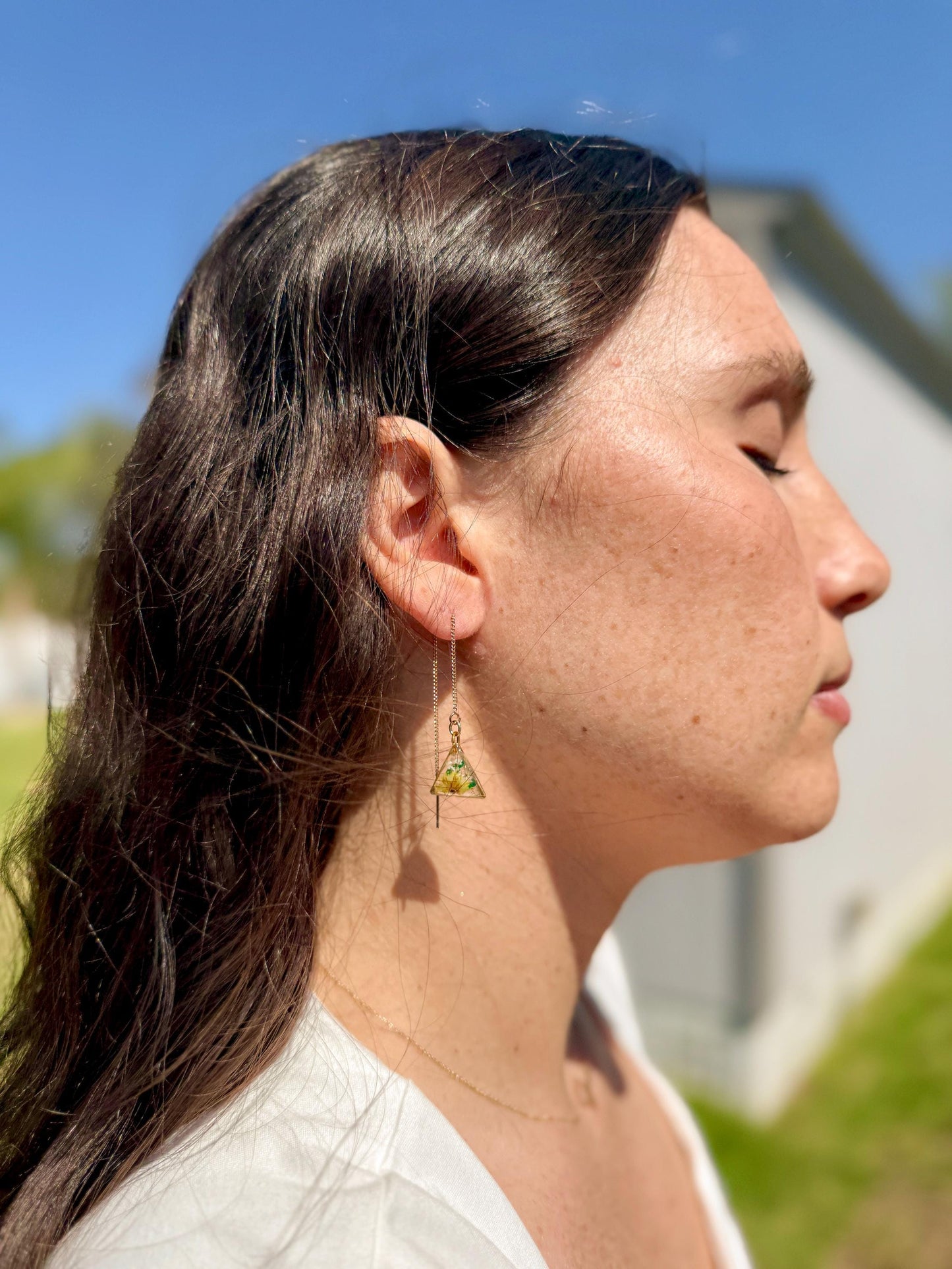 Clear Resin Earrings – Yellow Flowers, White & Green Accents, Gold Triangle