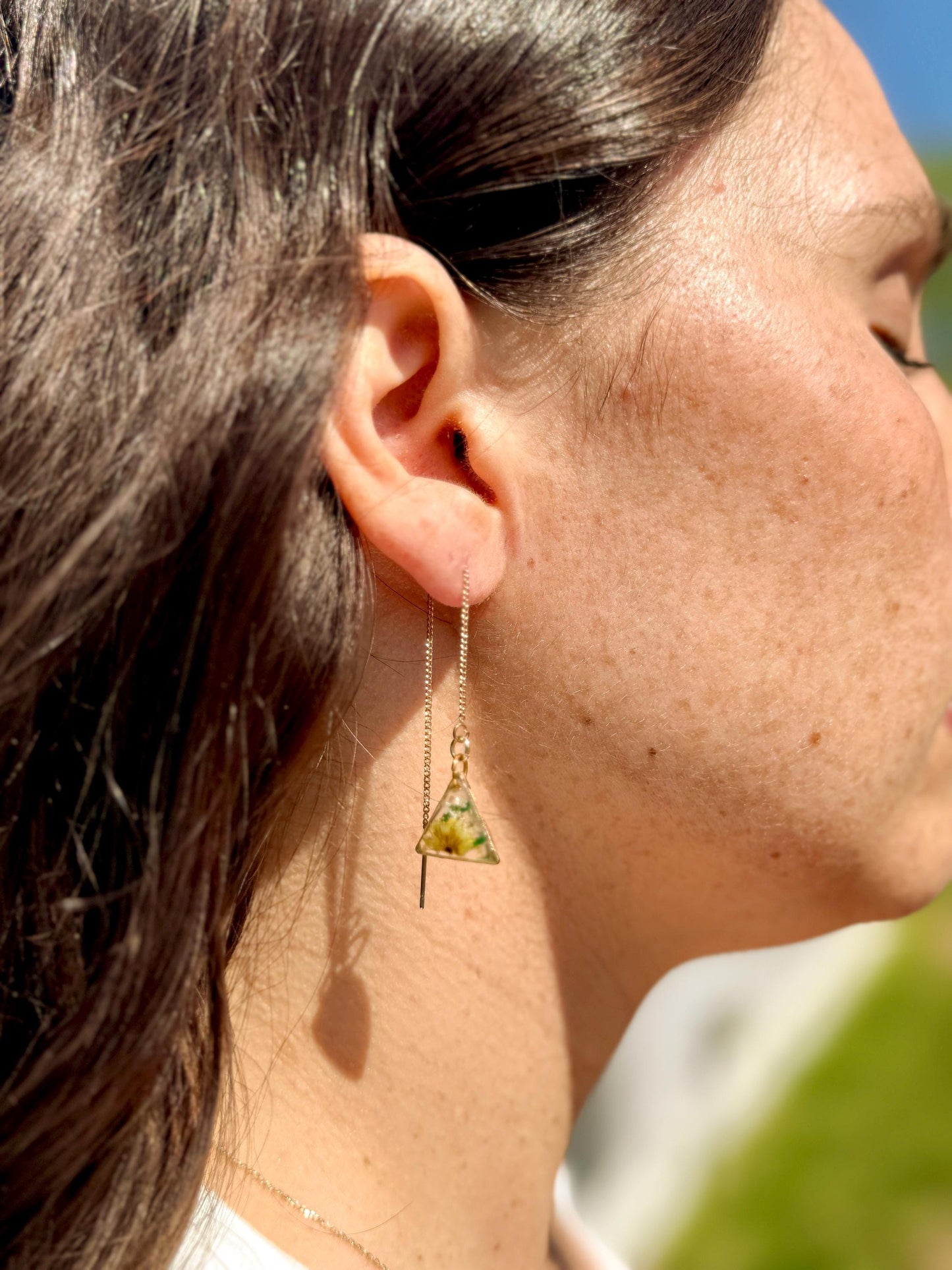 Clear Resin Earrings – Yellow Flowers, White & Green Accents, Gold Triangle