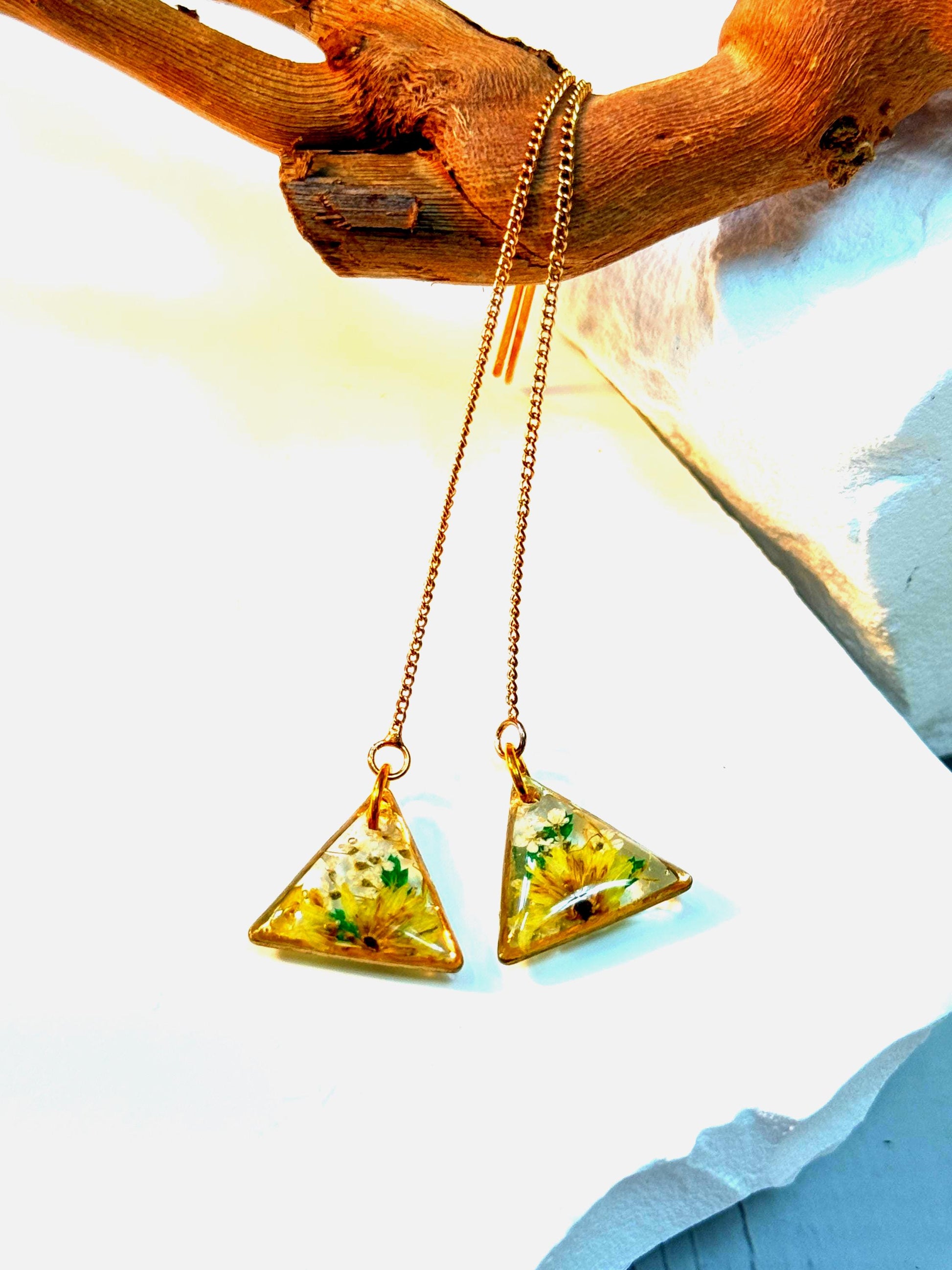 Clear Resin Earrings – Yellow Flowers, White & Green Accents, Gold Triangle