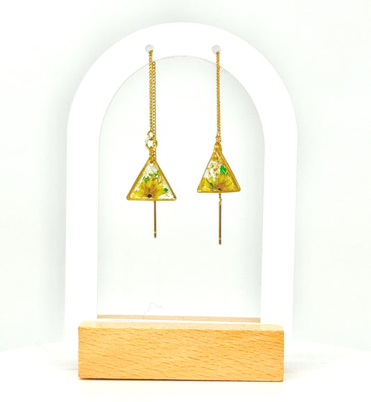 Clear Resin Earrings – Yellow Flowers, White & Green Accents, Gold Triangle