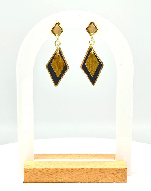 Handmade Black Resin & Gold Diamond Earrings – Modern Minimalist Style