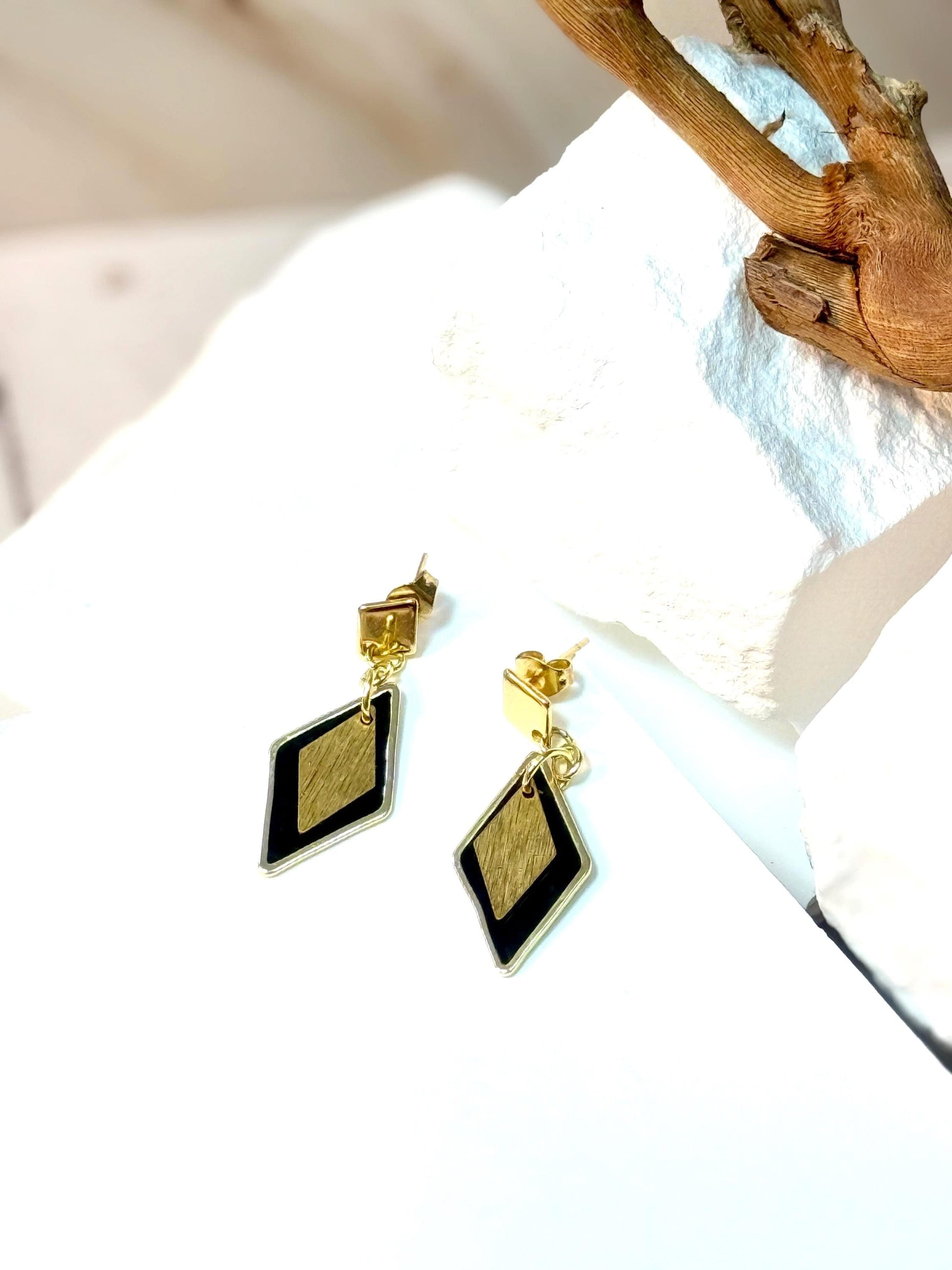 Handmade Black Resin & Gold Diamond Earrings – Modern Minimalist Style