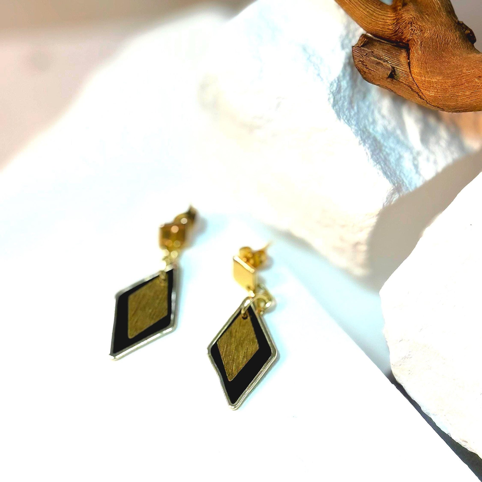 Handmade Black Resin & Gold Diamond Earrings – Modern Minimalist Style