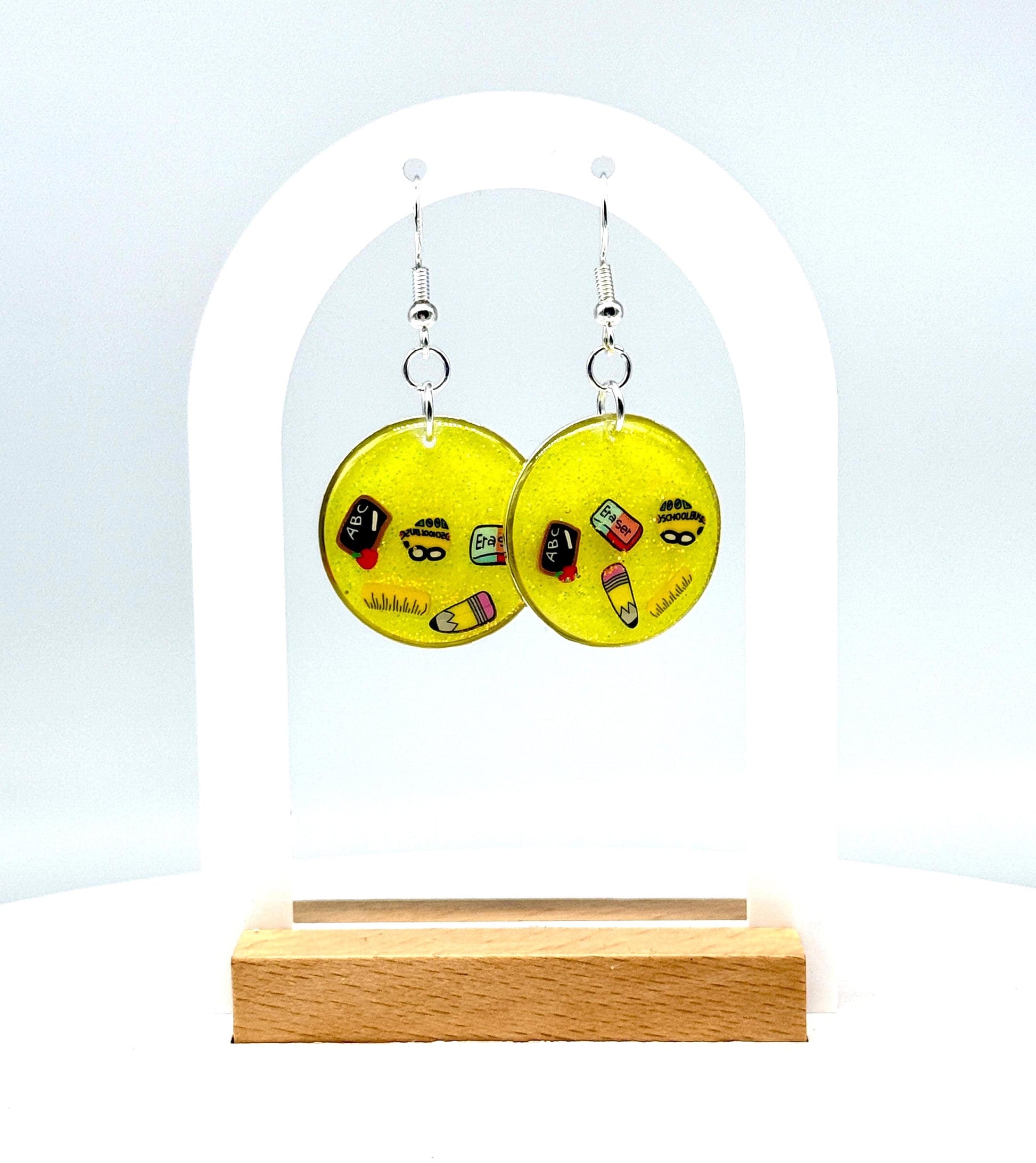 Cheerful Fun Teacher Appreciation Earrings – Sparkling Yellow Glitter & School Dangles