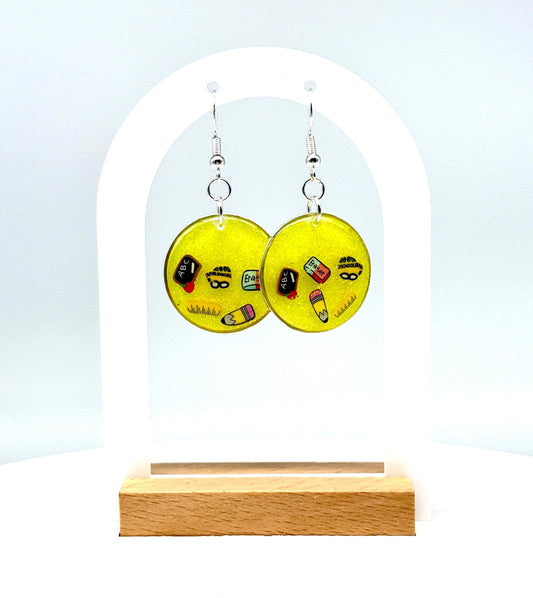 Cheerful Fun Teacher Appreciation Earrings – Sparkling Yellow Glitter & School Dangles