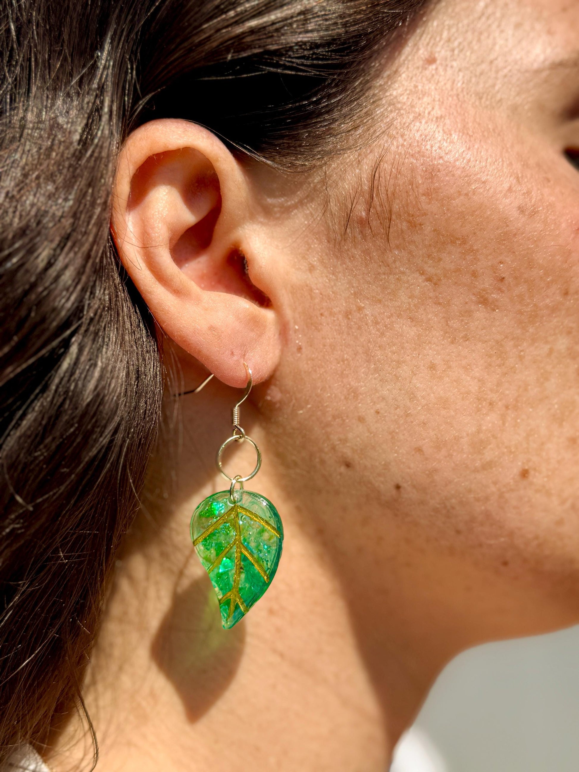 Handmade Resin Leaf Earrings – Green & Gold Accents for a Boho-Chic Look