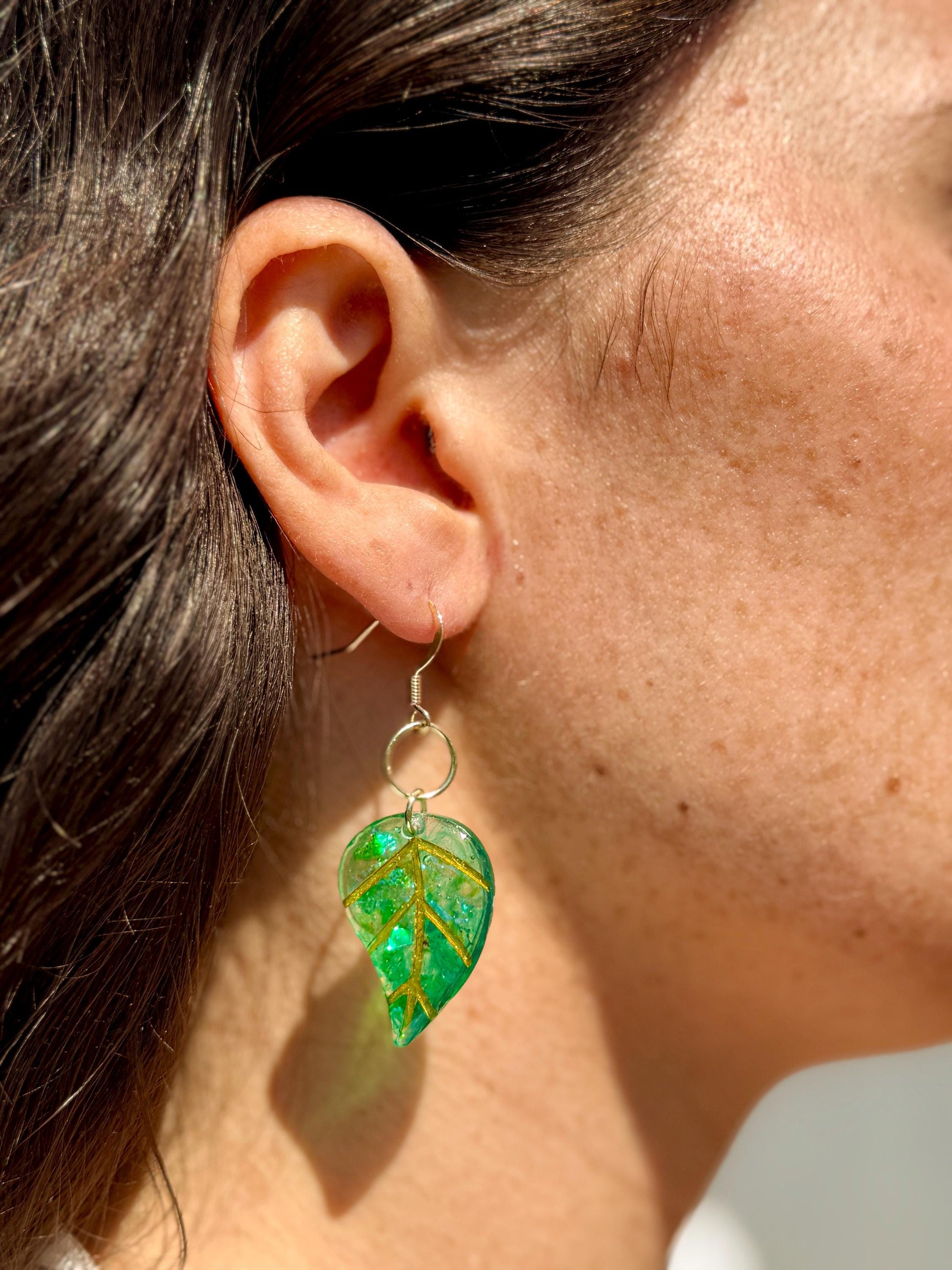 Handmade Resin Leaf Earrings – Green & Gold Accents for a Boho-Chic Look