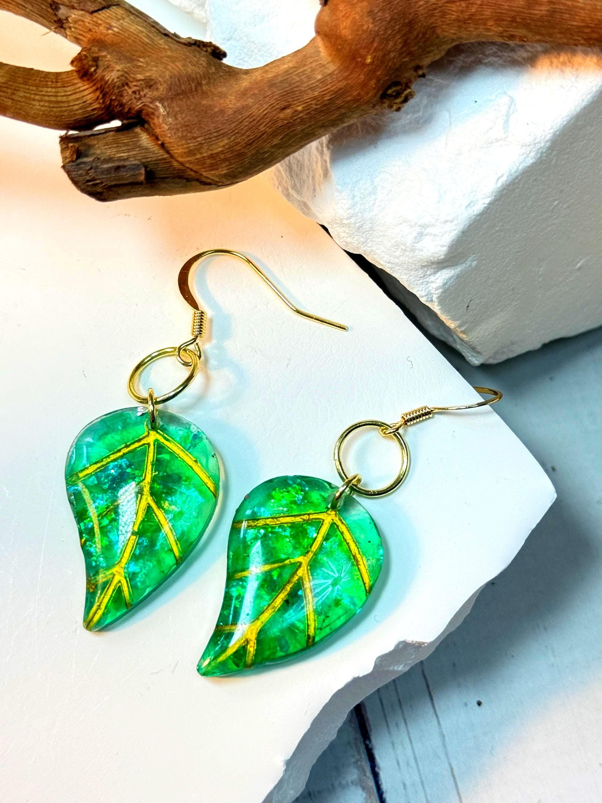 Handmade Resin Leaf Earrings – Green & Gold Accents for a Boho-Chic Look
